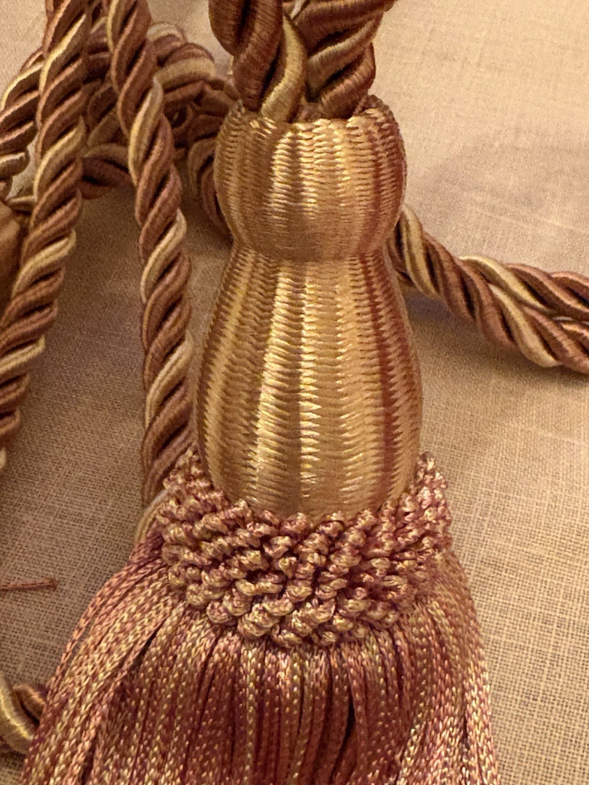 4 Large Vintage Curtain Tiebacks, Twisted, Light Pink And Gold-Tassel