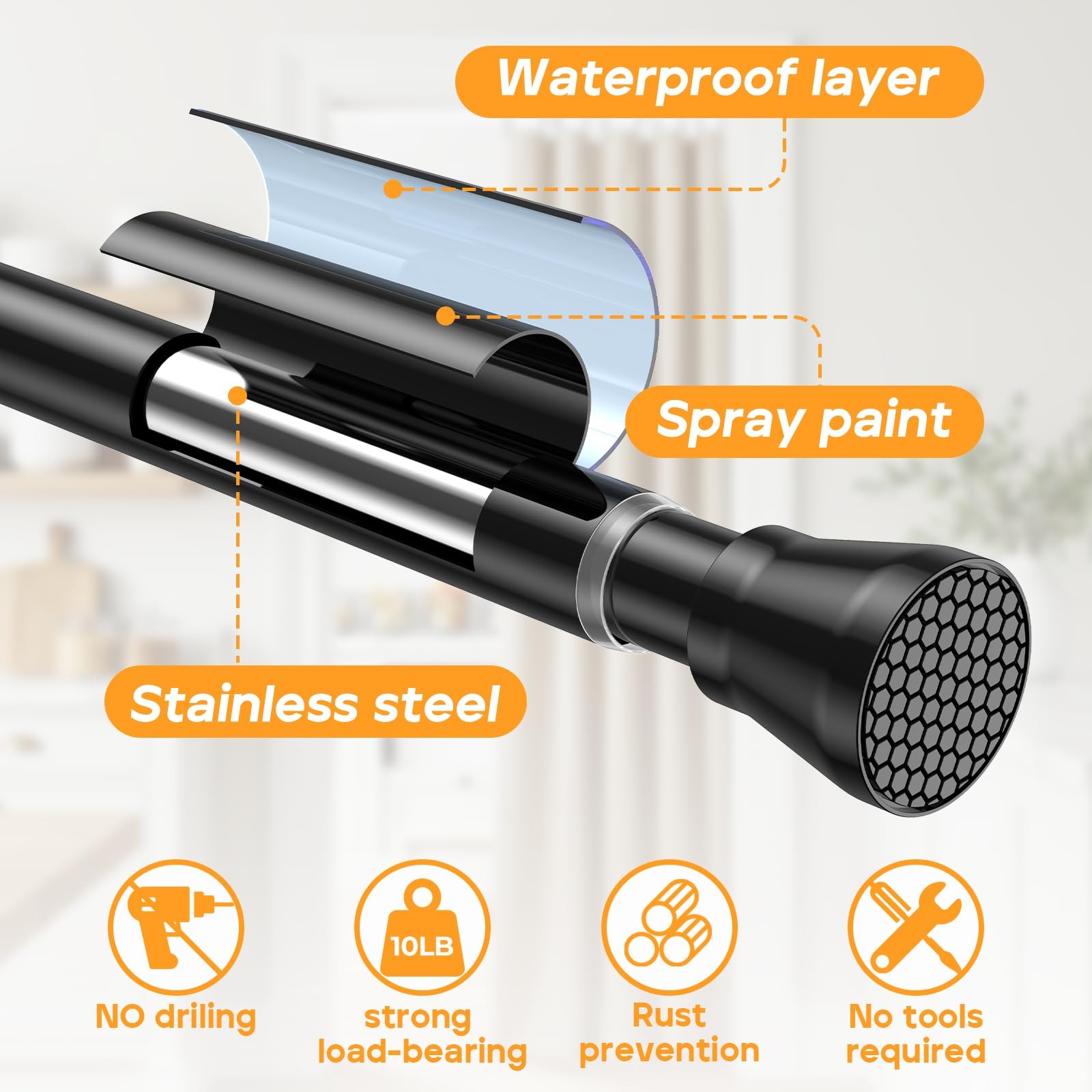 2 Pack Adjustable Tension Rods 45-77 Inch – Black No-Drill Curtain Rods for W…