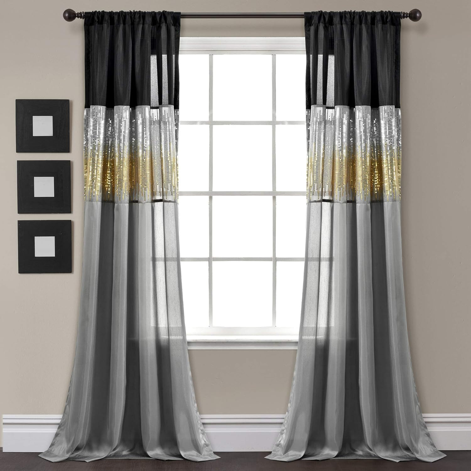 Glam Black & Gold Sequin Night Sky Curtain Panel 42″ W x 108″ L