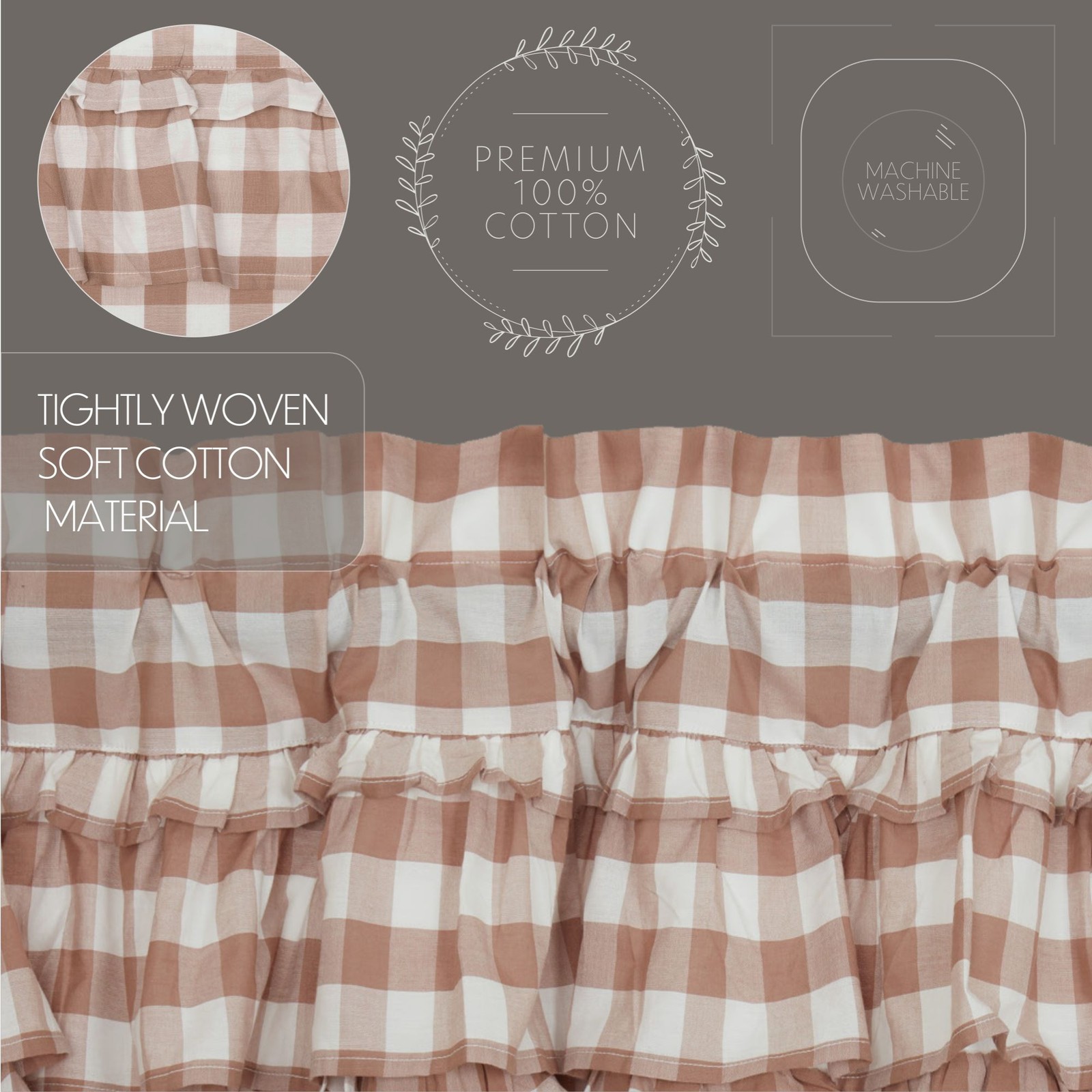 Farmhouse 24″x36″ Tier Pair Brown Rod Pocket Kitchen Window Curtains VHC Brands