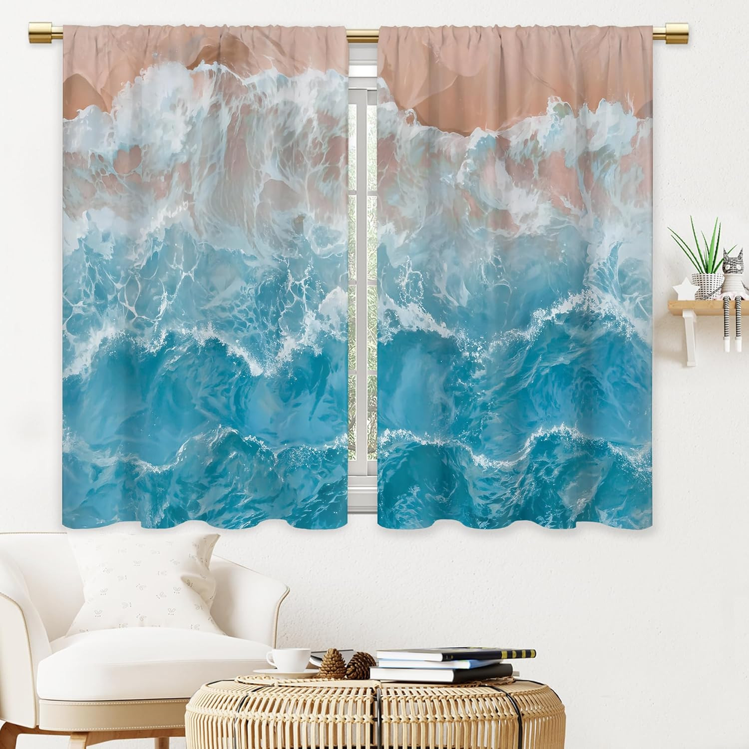 Blue Ocean Wave Bathroom Curtains Window Treatment Drapes Tier Sea Coastal Beach