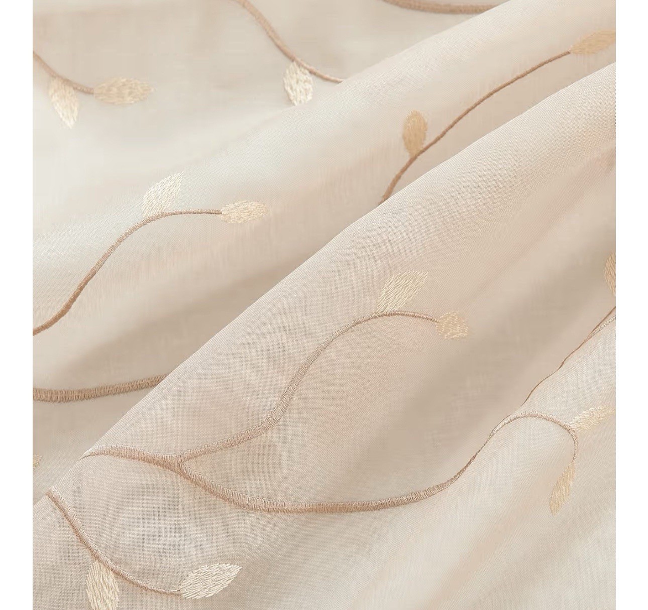 Jinchan Beige W/gold Leaves Transparent curtains window set of 2 panels
