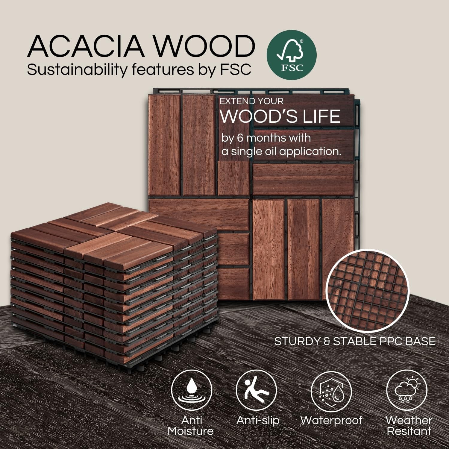 Interlocking Deck Tiles Waterproof Acacia Wood Set 10 12×12 Inches Brown Outdoor