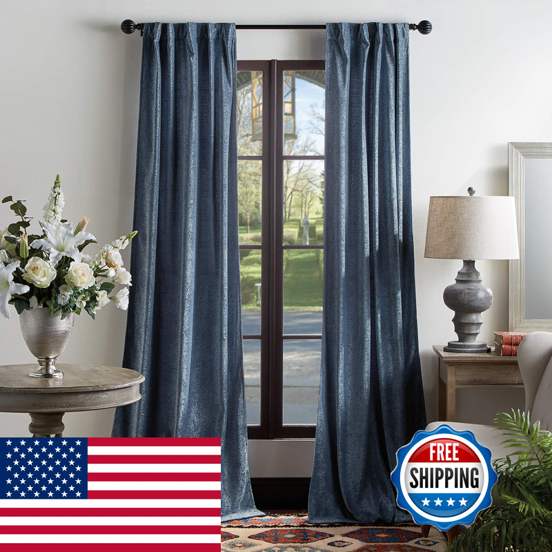Martha Stewart Naples Chenille Solid Back Tab Window Curtain Panel Pair 84 Navy