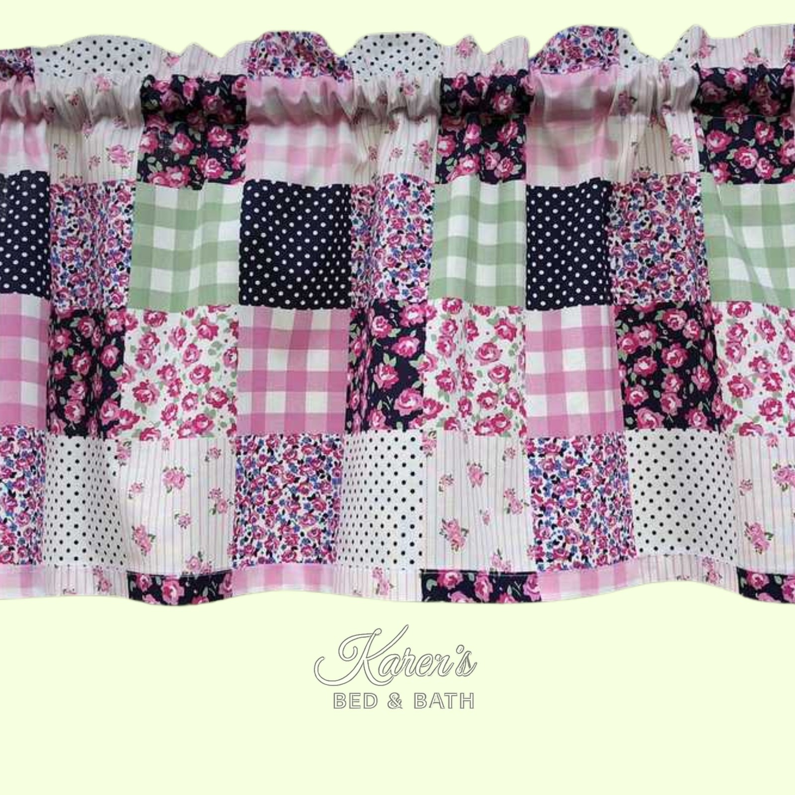 Patchwork Rose Valance – Pink Navy Gingham Floral Print – Shabby Chic Cottage