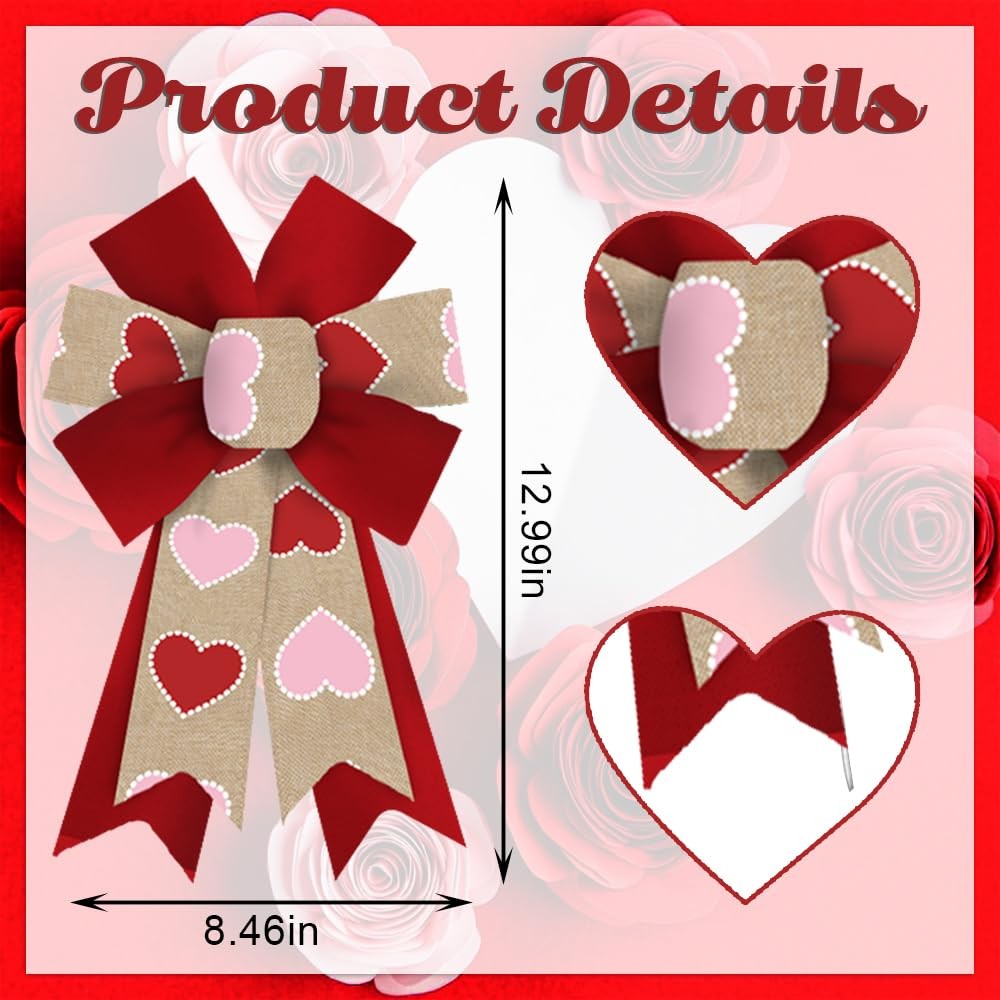 2 Pack Valentine’s Day Wreath Bows – Brown Red Pink Love Hearts Burlap Bows f…
