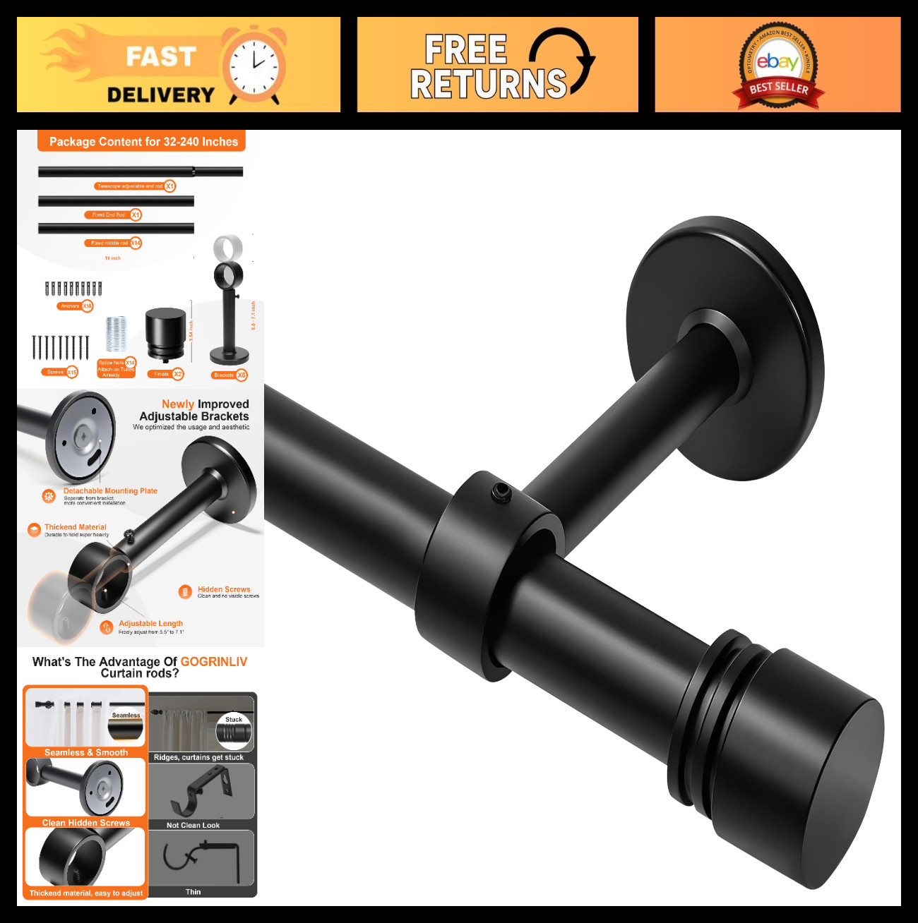 Extra Long Heavy Duty Curtain Rods 144-240″ Adjustable for Large Windows & Doors