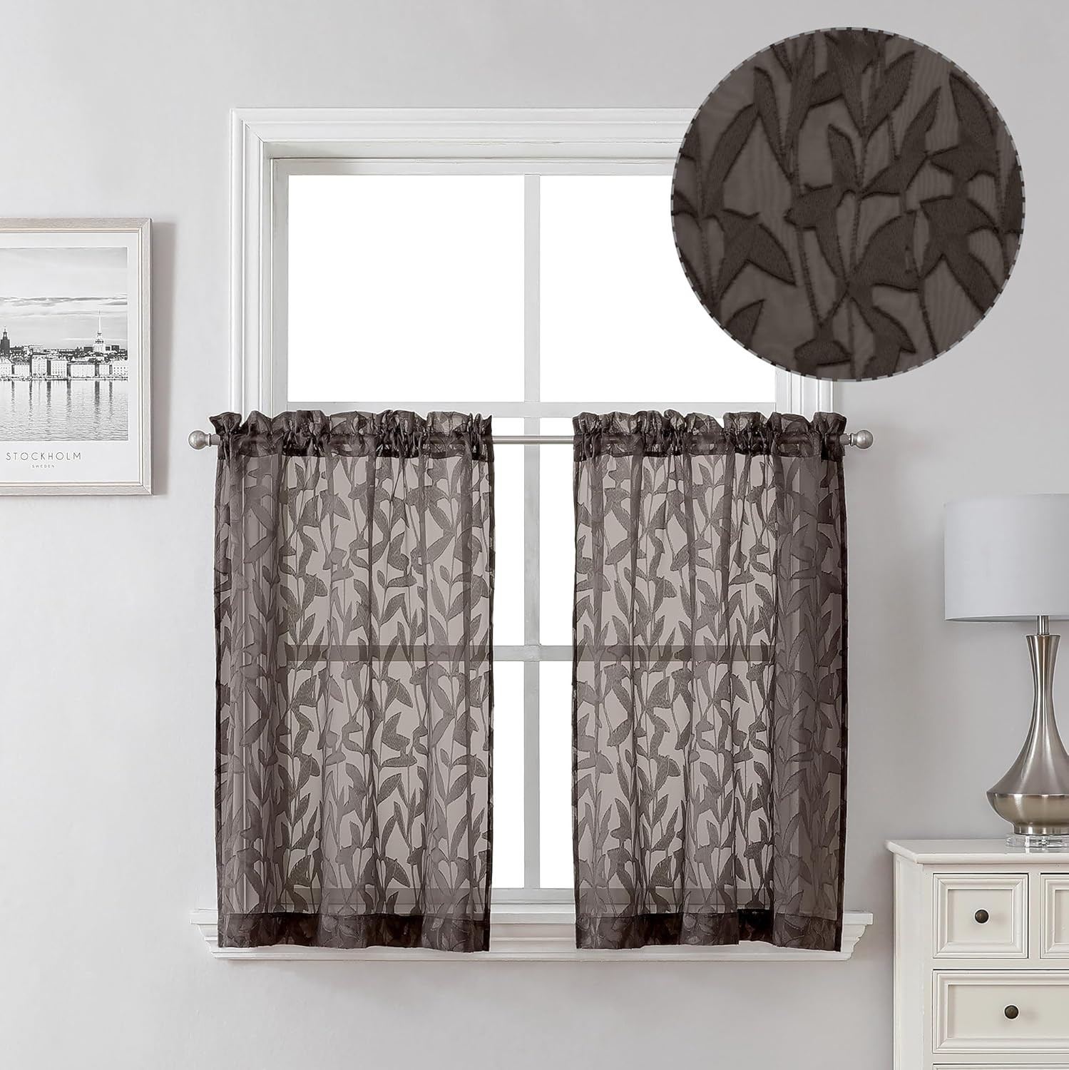Leia 2 PCS Chocolate Brown Sheer Kitchen Curtains 36 Inch Length, Breathable Cli