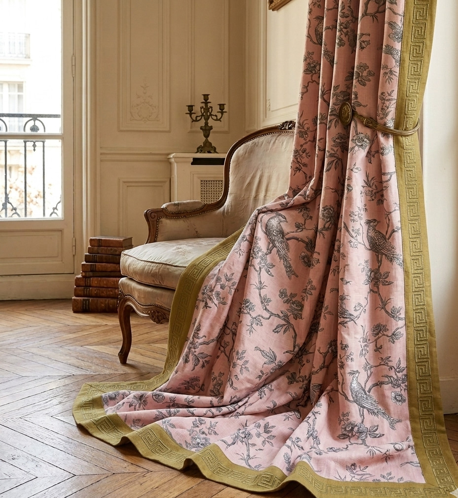 2 DRAPES French Messange Bird Toile on Pink Cotton Imported From France HTF
