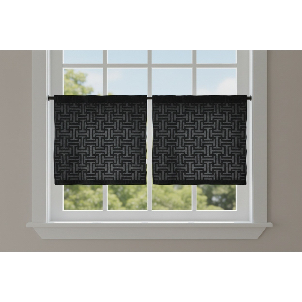 Set of 2 Black Geometric Cafe Curtains Greek Key Tier Panels 42×37