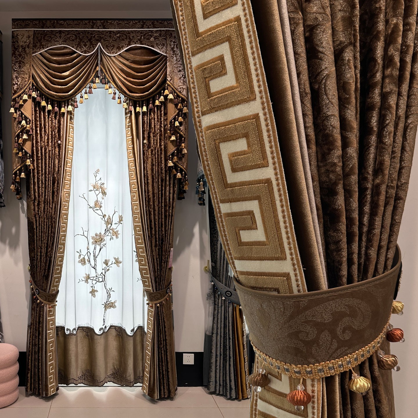 luxury European Embroidery valance shade coffee Velvet curtain tulle M1802