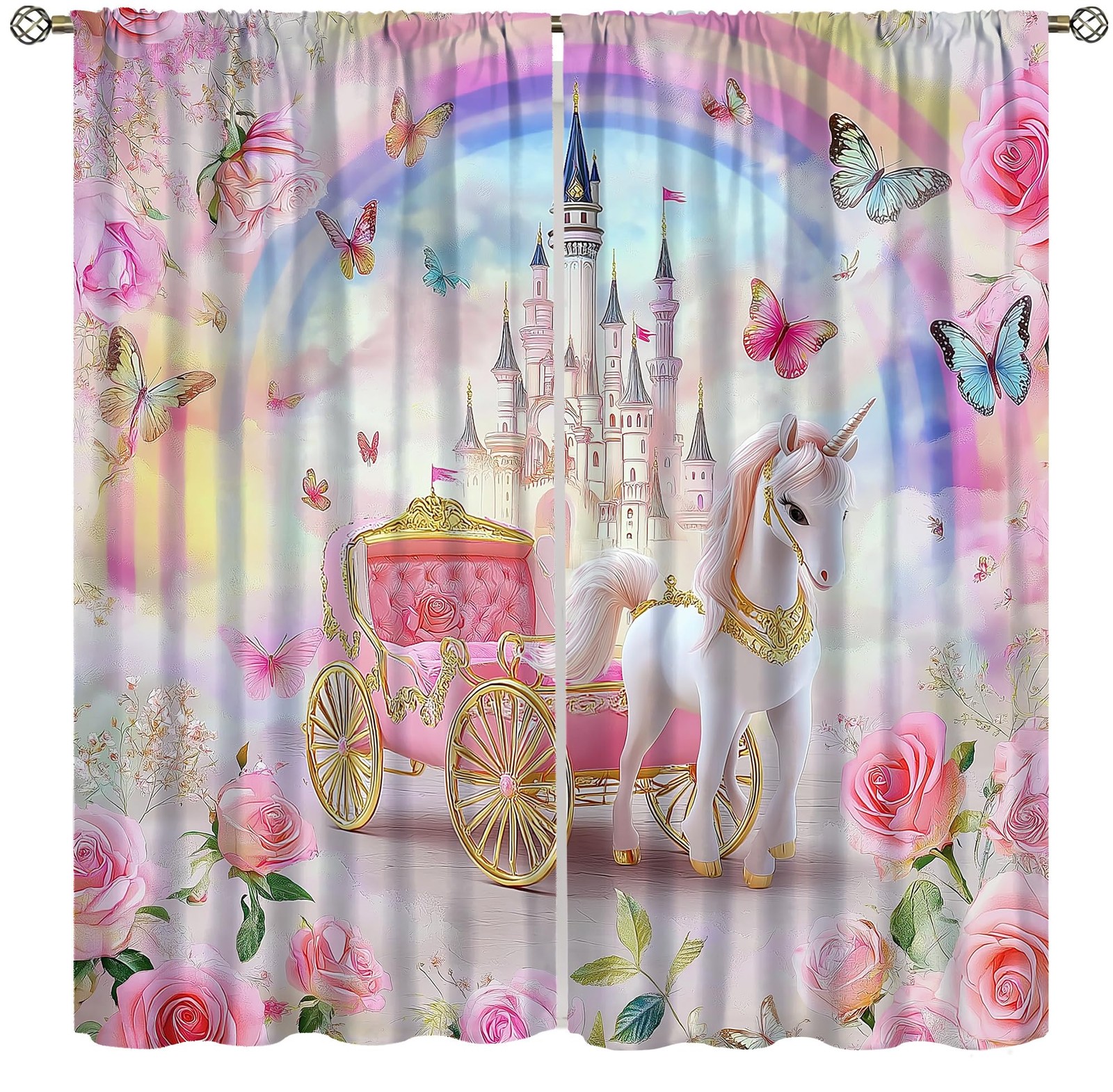 Pink Unicorn Curtains for Girls Cartoon Fairy Tale Fantasy Princess Castle Co…