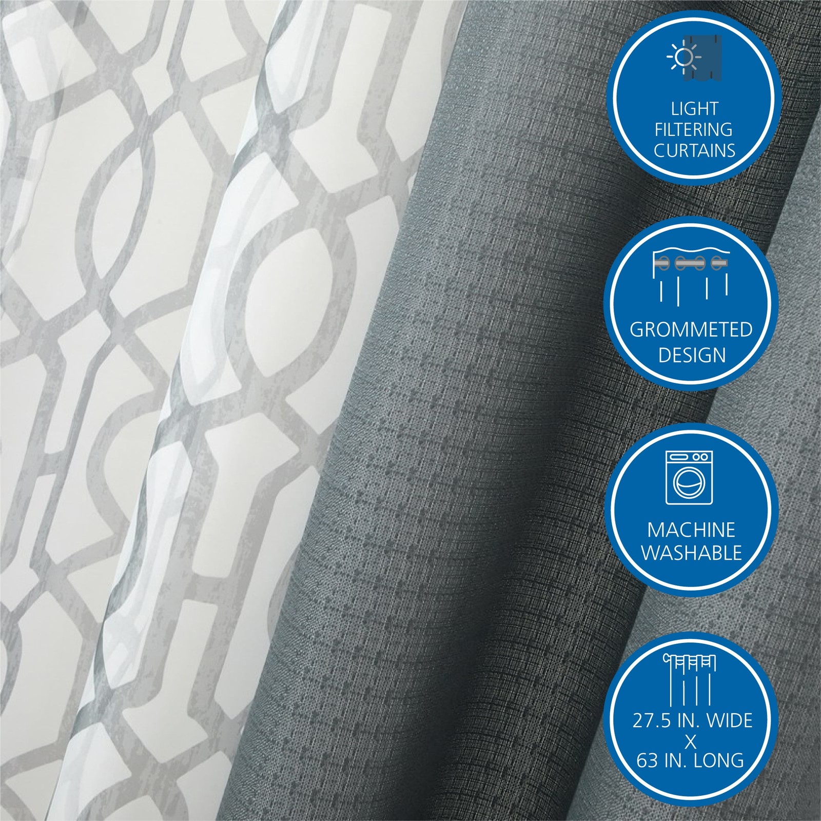 Kingswood Solid and Printed Sheer Grommet Curtain Panel Set, 4 Piece, Gray