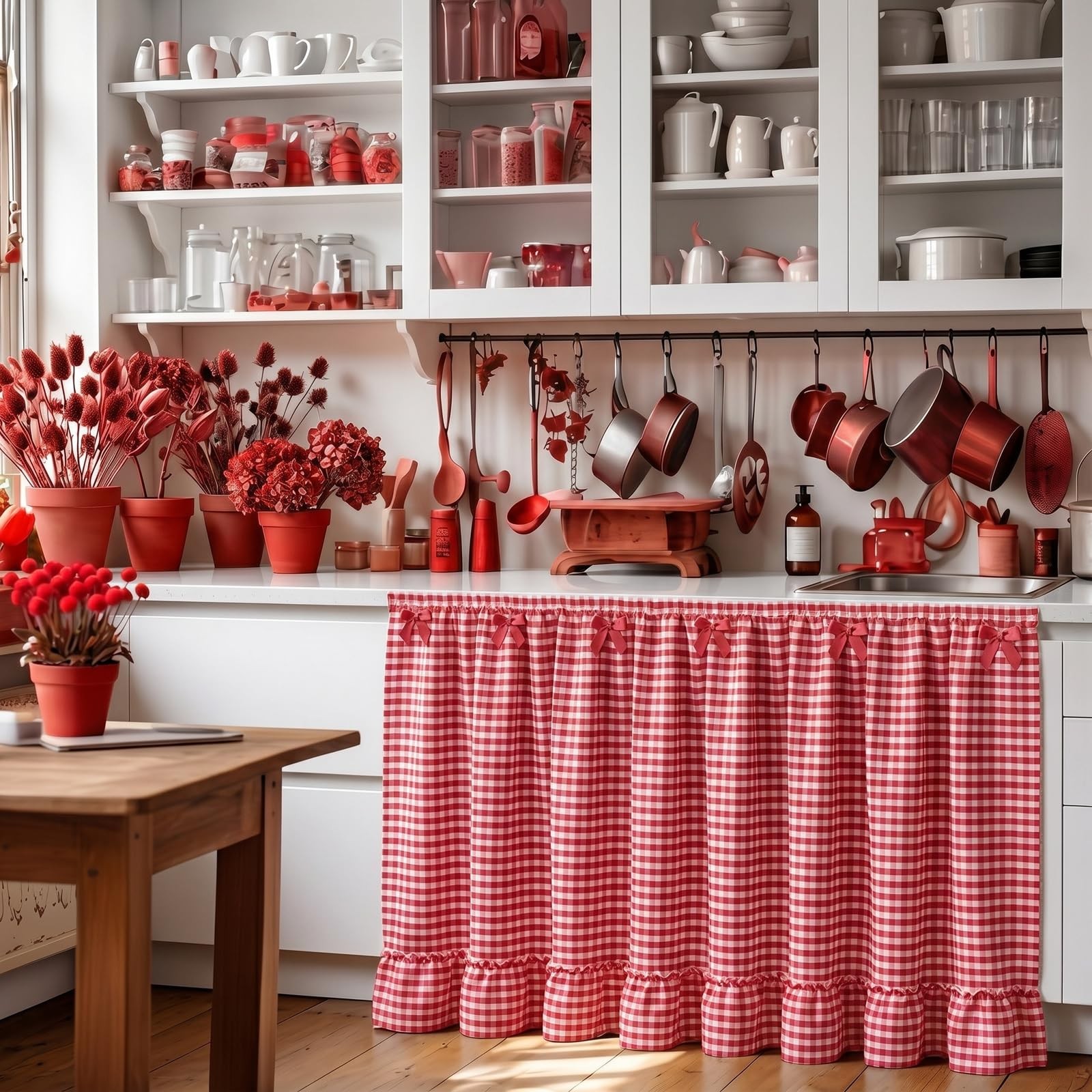 Red Gingham Sink Skirt for Bathroom 56″ x 28″ Ruffle Cabinet Curtain Red and …