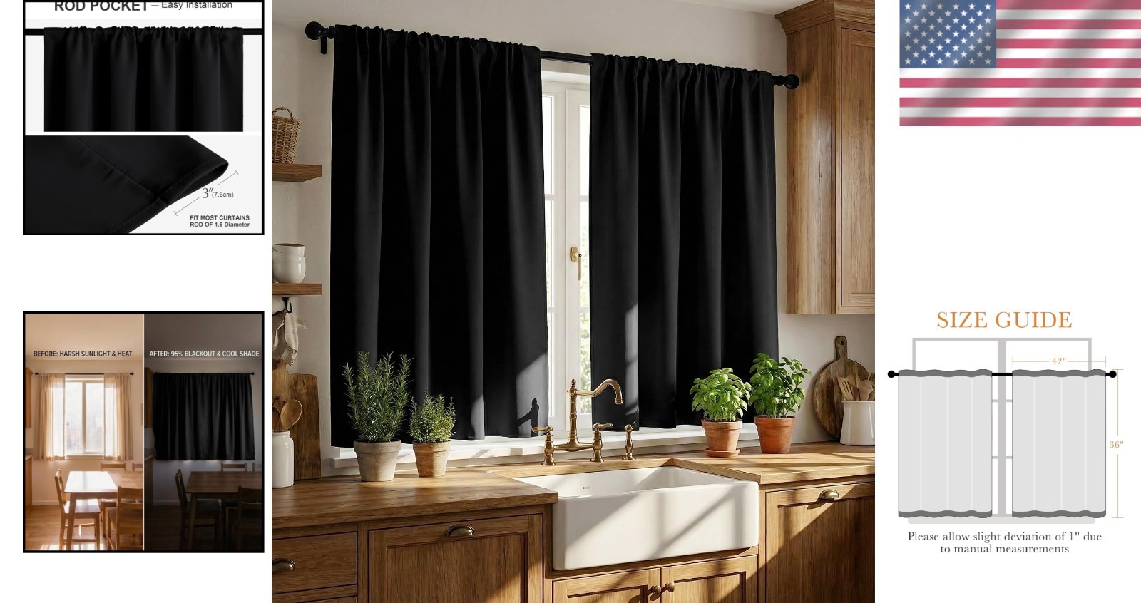 Set of 2 Short Blackout Cafe Curtains 36in Length, W42 x L36 – Classic Charm