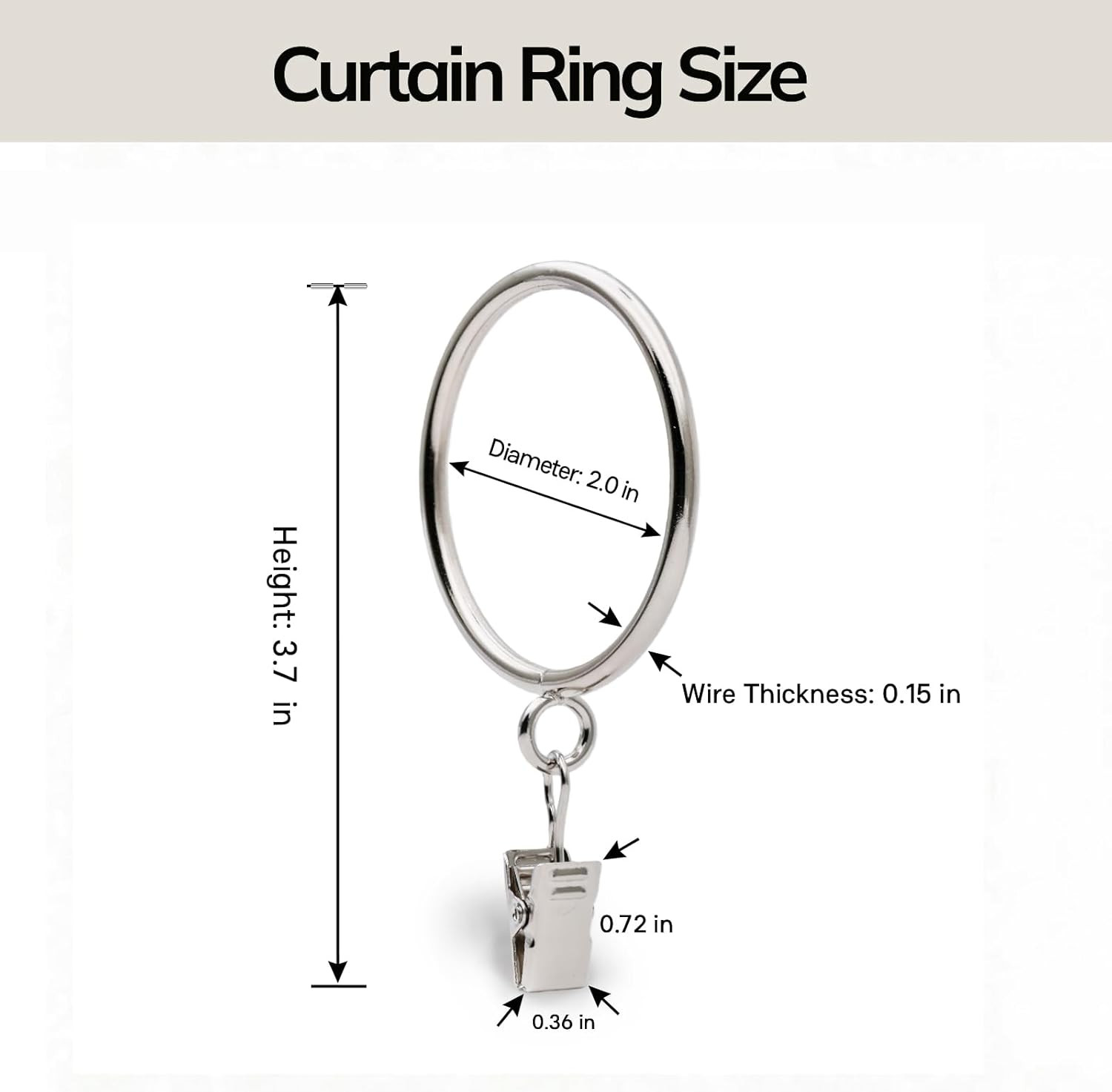 20 Pack Silver Big Curtain Rings with Eyelets with Clips, Metal Drapery Ring for