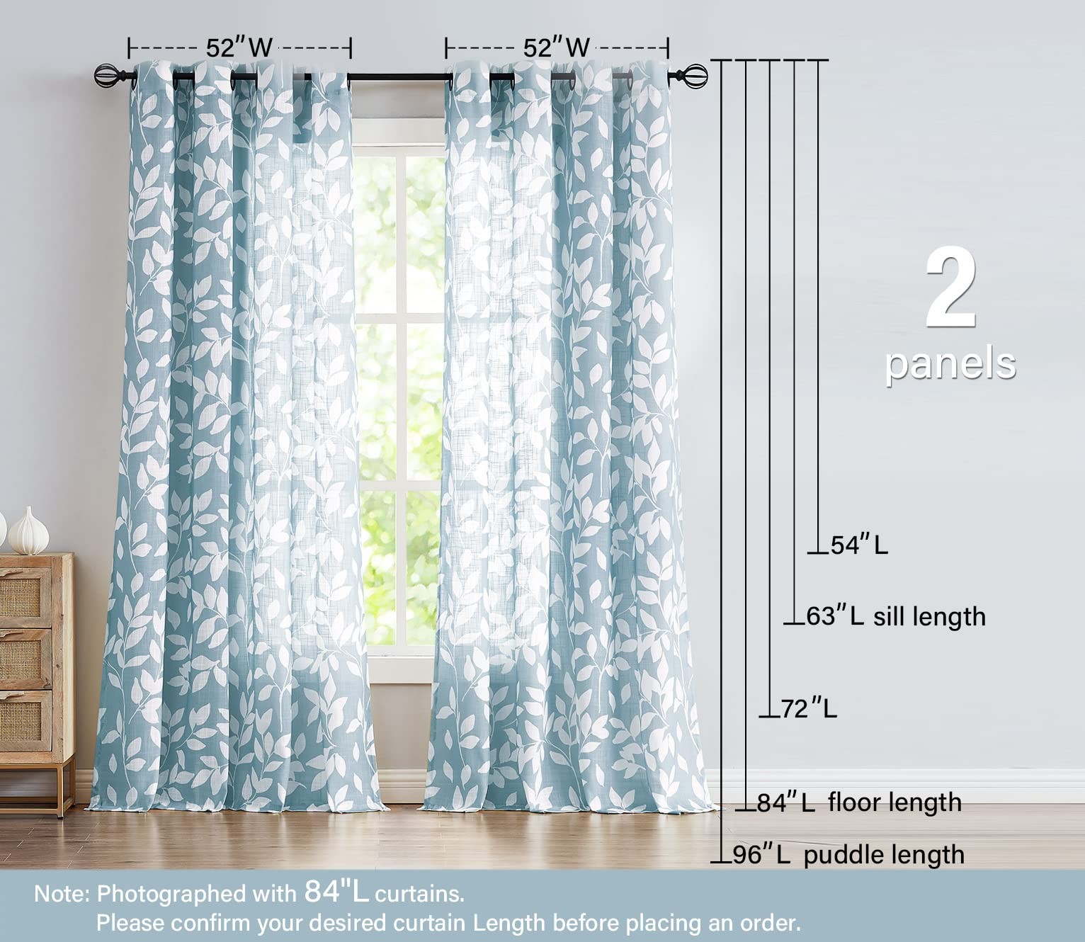 Blue White Curtains for Living Room 63″ Length Leaves Print Semi-Sheers Curta…