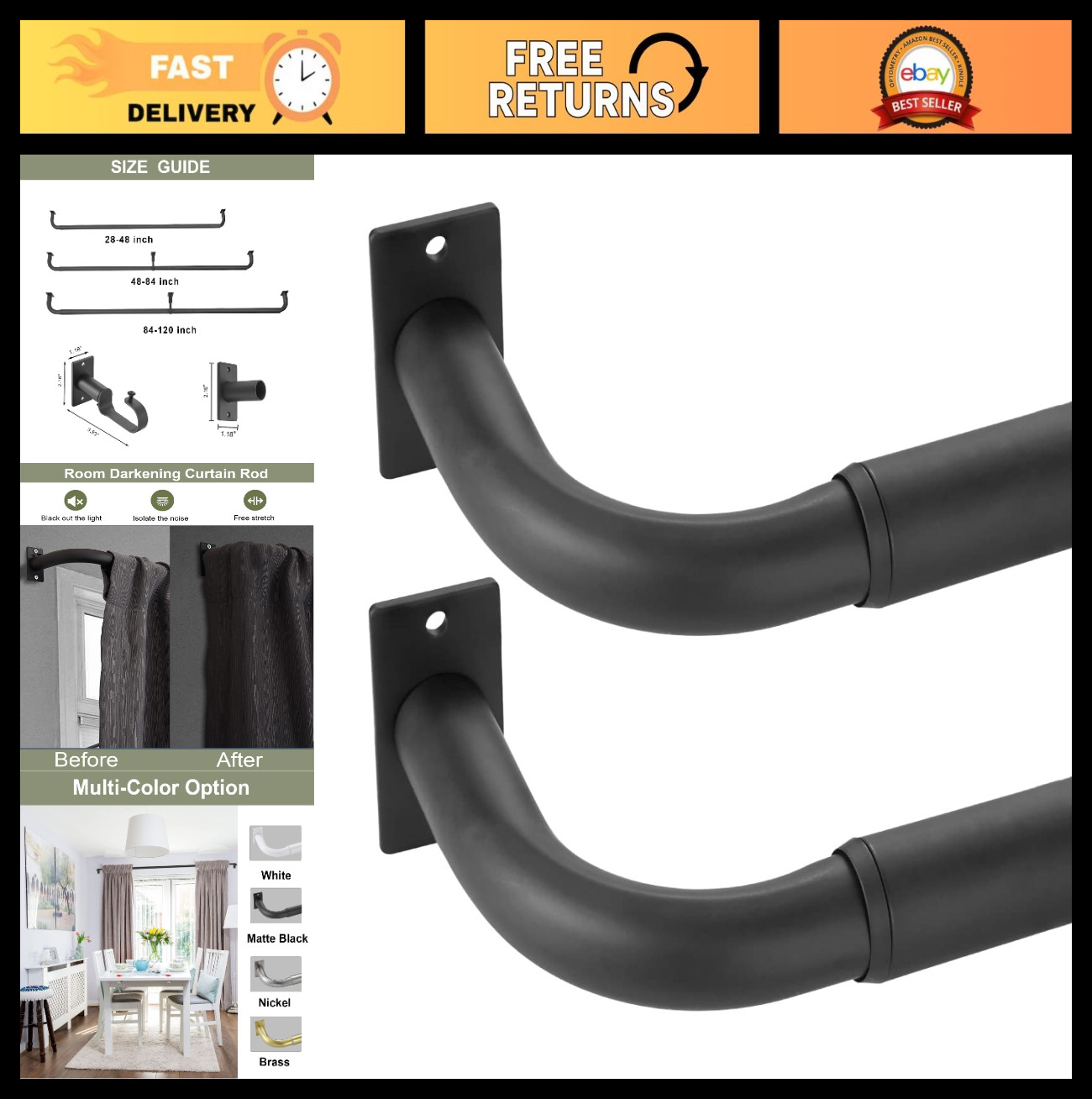 Adjustable Curtain Rods 48-84″ – 2 Pack, 1″ Metal Wrap Around, Matte Black, Brac