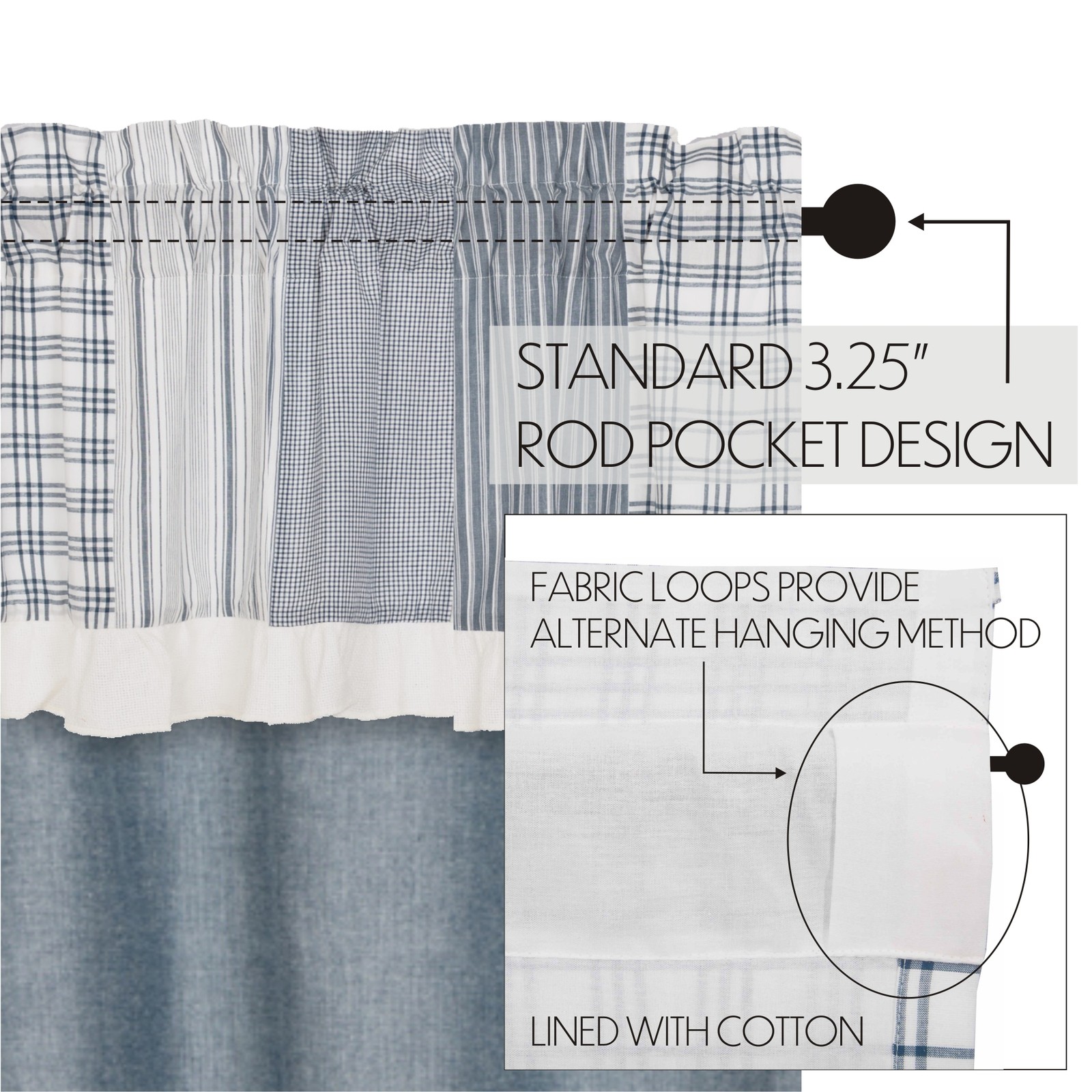 VHC Brands Farmhouse 63″x36″ Panel Pair Blue Rod Pocket Sawyer Window Curtains
