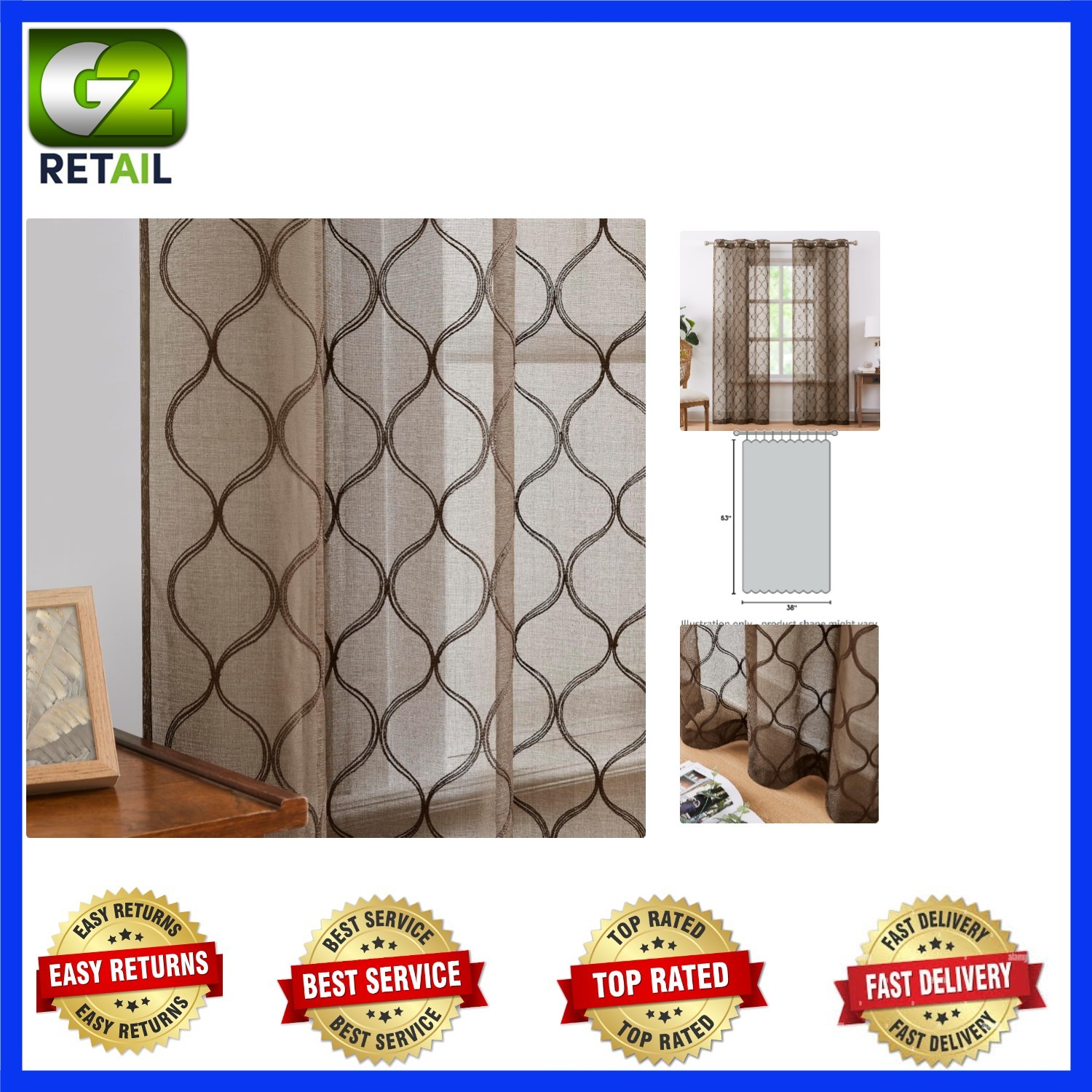 Light Filtering Brown Sheer Curtains 2 Panels 38”x63” – Modern Moroccan Style