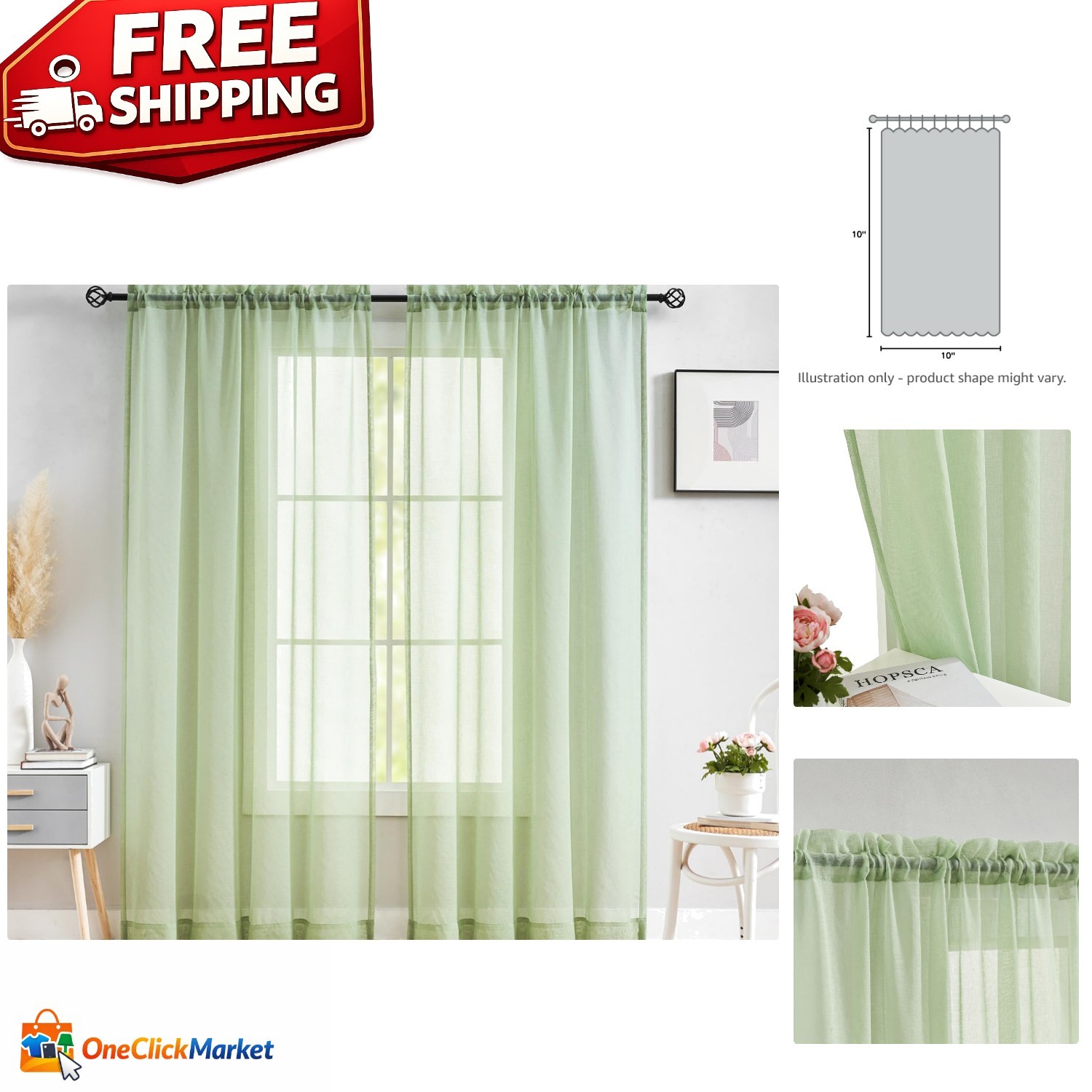 Modern 84” Sage Green Sheer Curtains – Semi-Crinkle Voile, Ideal for Any Room