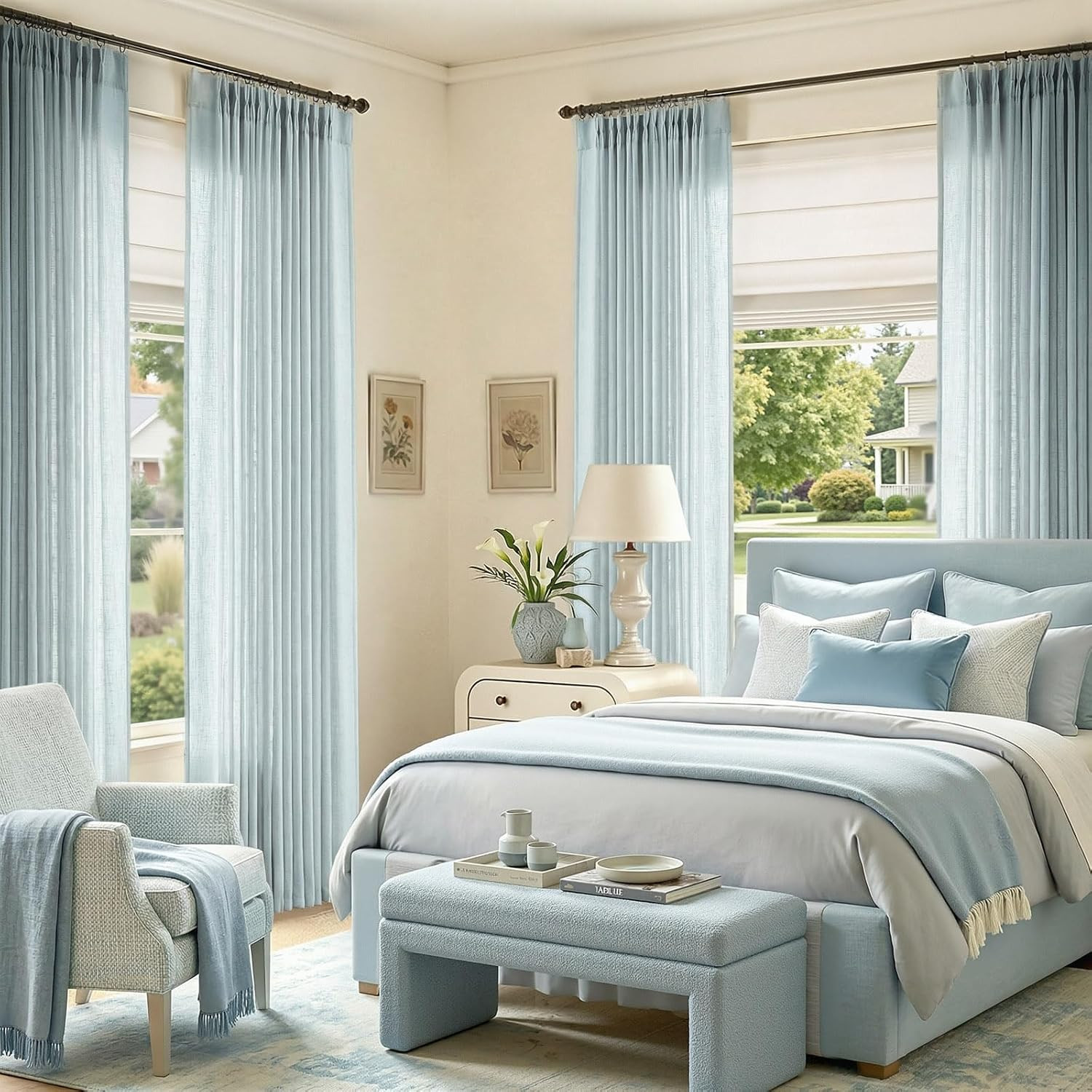 jinchan Blue Pinch Pleated Linen Curtains for Living Room Curtains 84 Inches Lon
