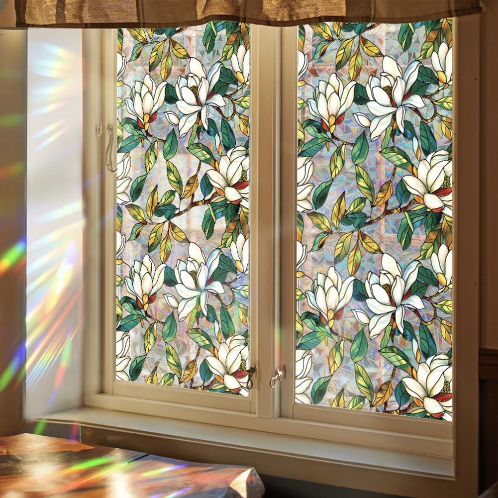 Stained Glass Window Privacy Film – Floral Static Cling Decor, 16.93×39.37″