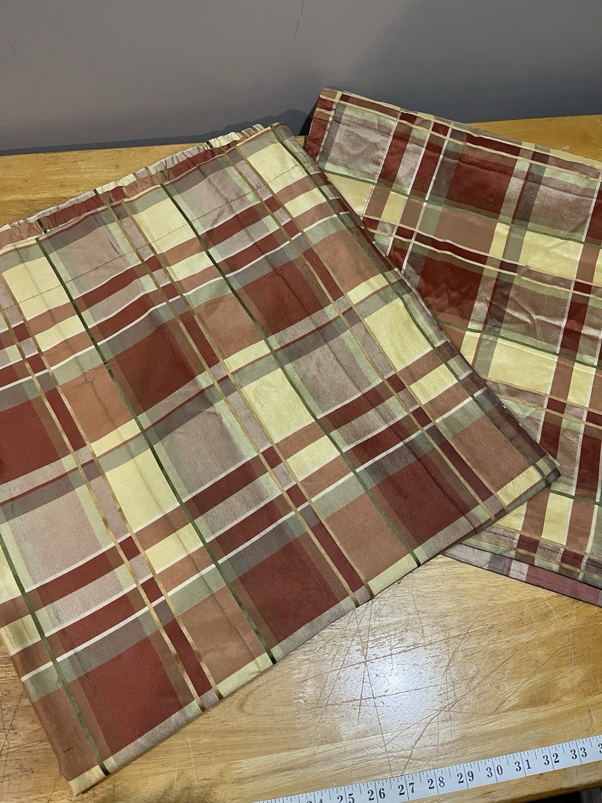 JC Penny Chris Madden Silk Curtain Panels Set of 2 Gold Rust Plaid Lined 41×82″