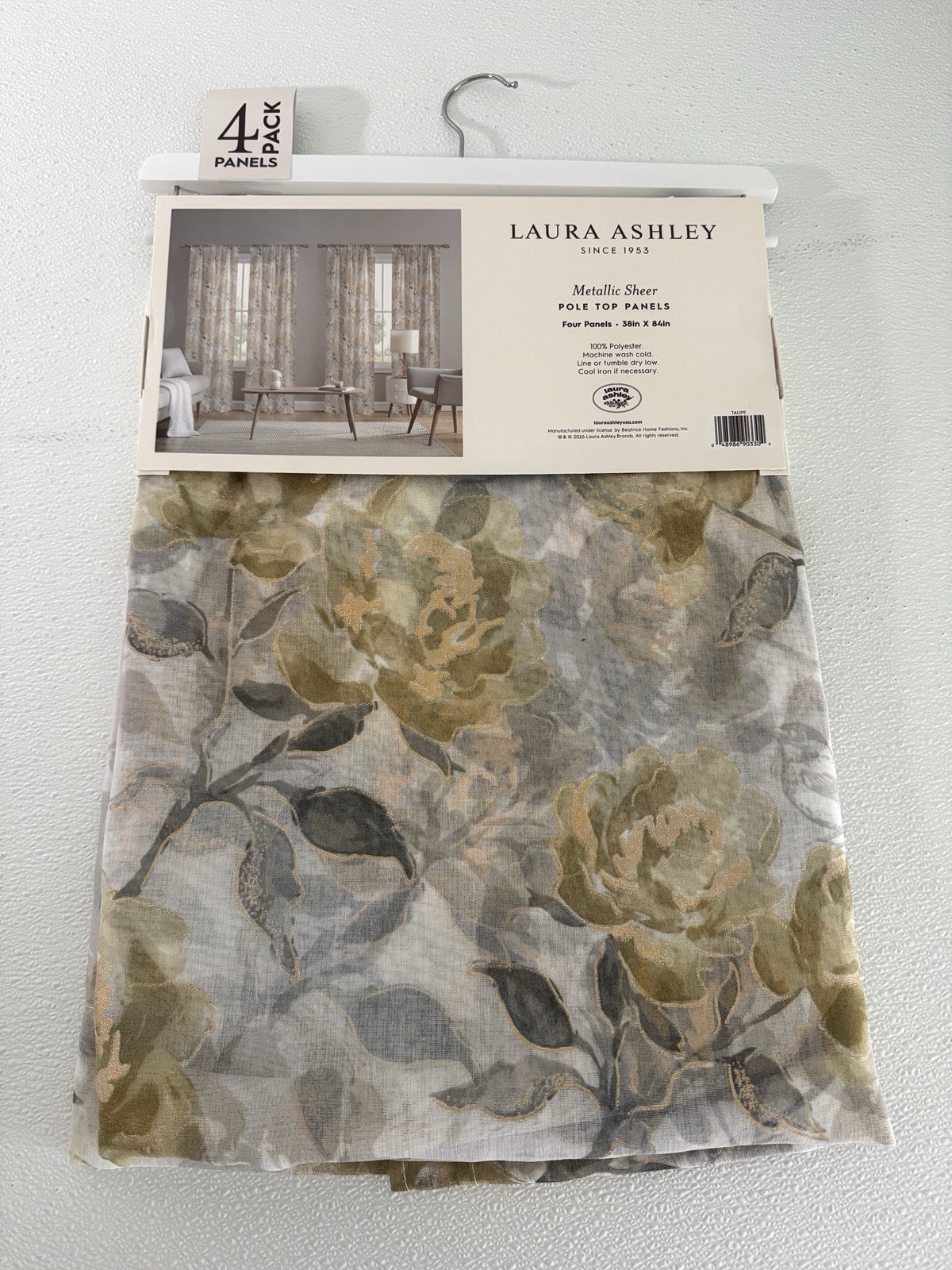 Laura Ashley Window Curtains 4 FOUR Panels 38 x 84 Gray Mustard Metallic Sheer