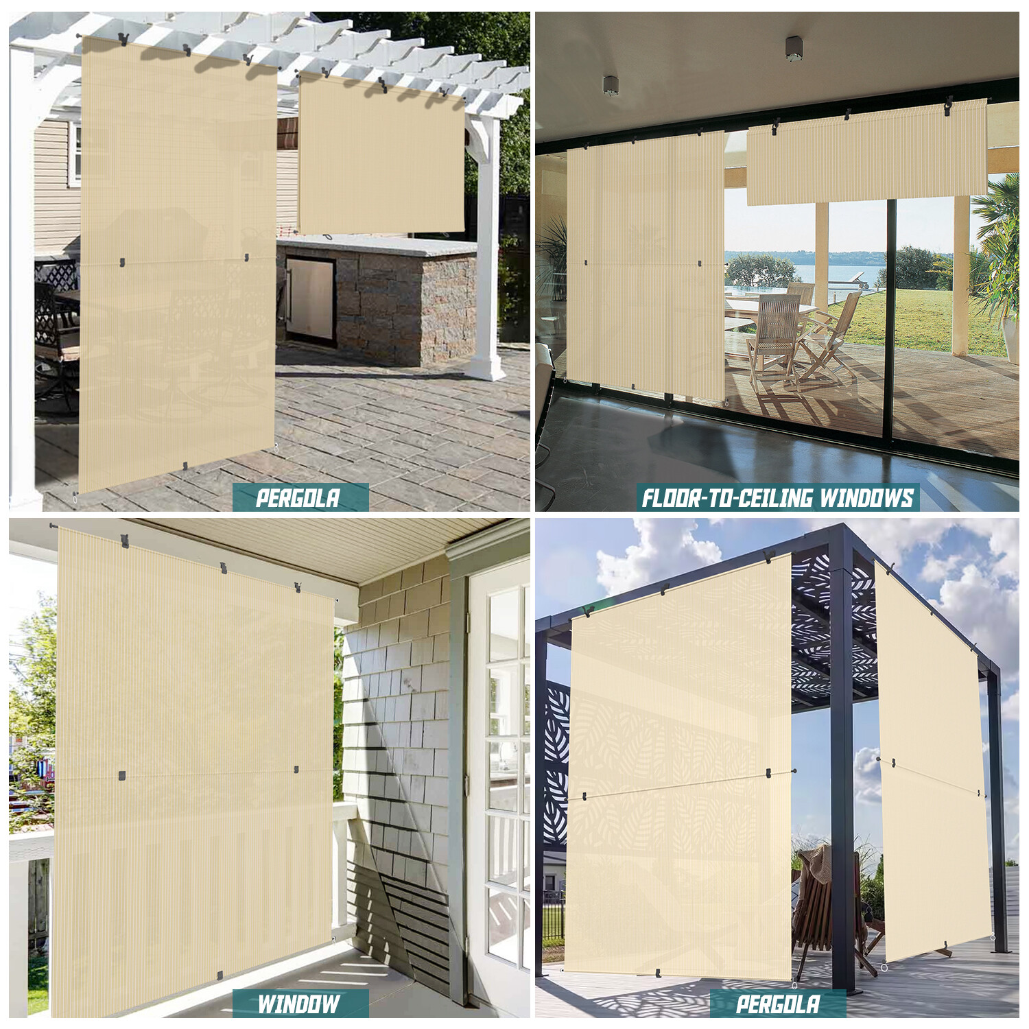 Beige Foldable Roller Sunshade Curtain for Windows Patio Porch Gazebo Outdoor