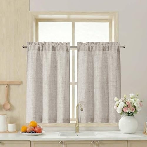 2 Panels Kitchen Curtains 36 Inch Length, Faux 30″W x 36″L (Pack of 2) Linen