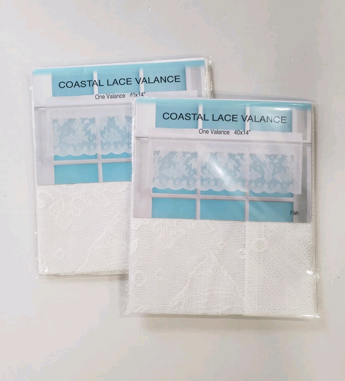 2 Vintage Seascape Coastal White Lace Window Valances by Nantucket New 40×14″