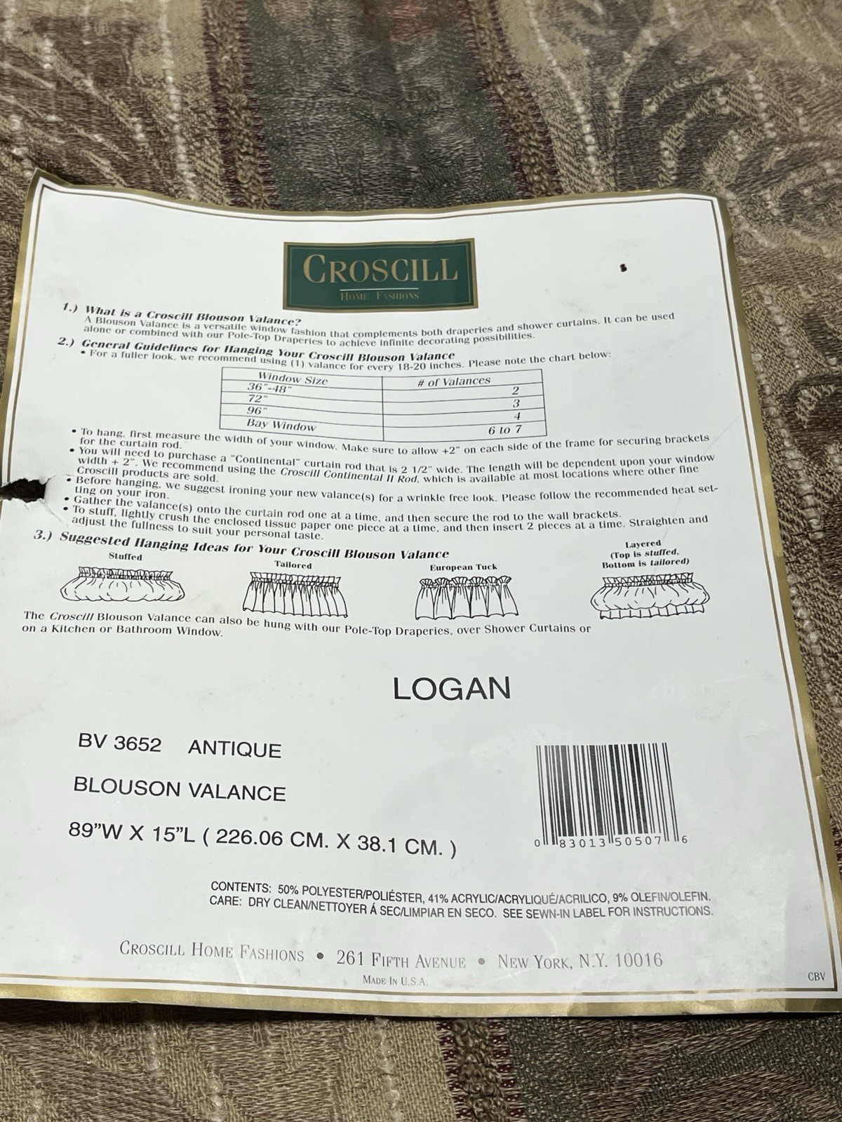 Croscill Blouson Valance 89”x15” Logan Gold BV3652 Antique