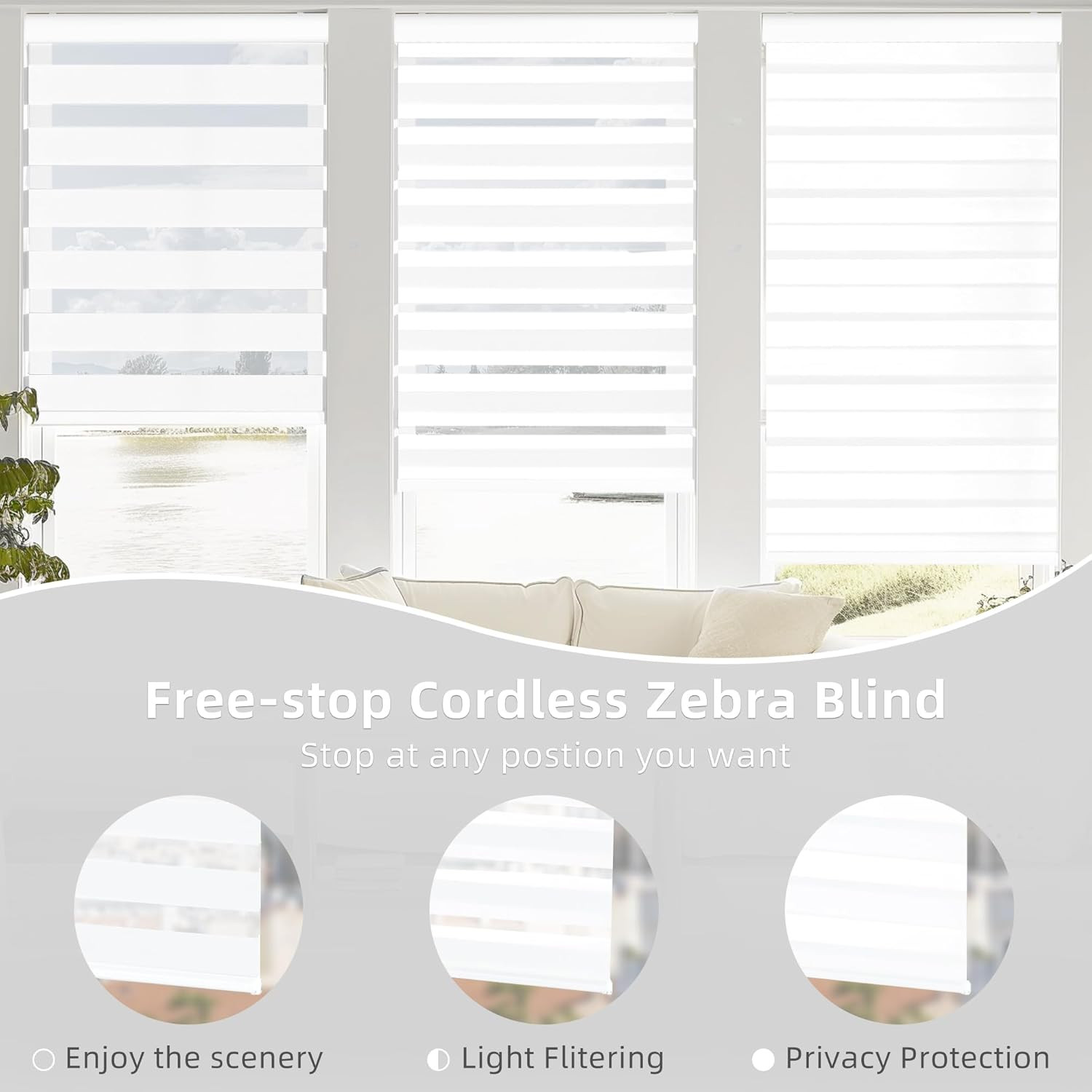 Cordless Zebra Blinds for Windows, Dual Layer Free-Stop Light Filtering Window R