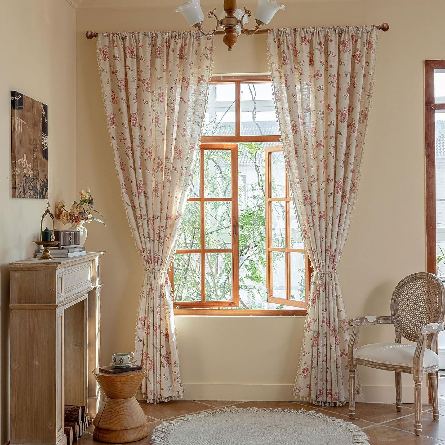 Pink Boho Floral Curtains 84 Inch Long 2 Panels, French Vintage Farmhouse Patter