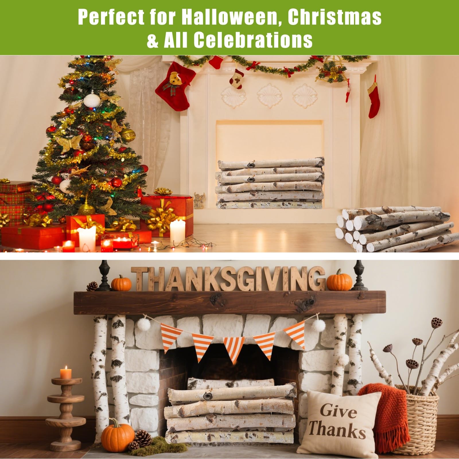 12 PCS Natural Birch Logs Fireplace Decor 0.71.7 In Dia 16.5 Inch Long Wood