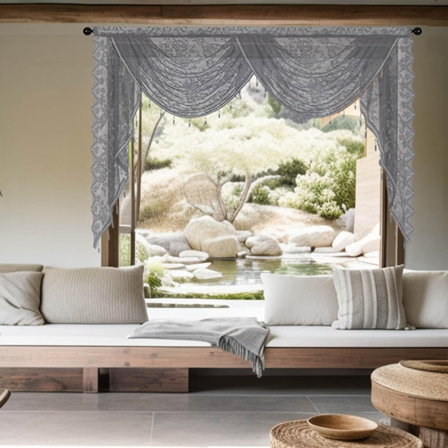 Grey Lace Waterfall Swag Curtain Valances for Living Room Windows, Boho Semi She