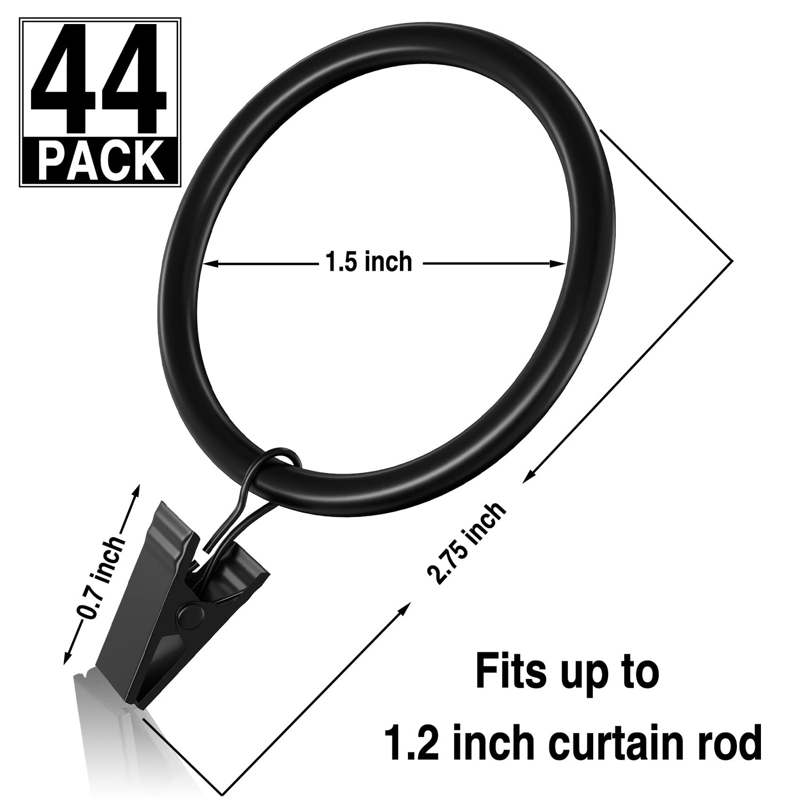44Pcs Curtain Rings with Clips Hooks 1.5 Inch Rustproof Matte Metal Stainless St