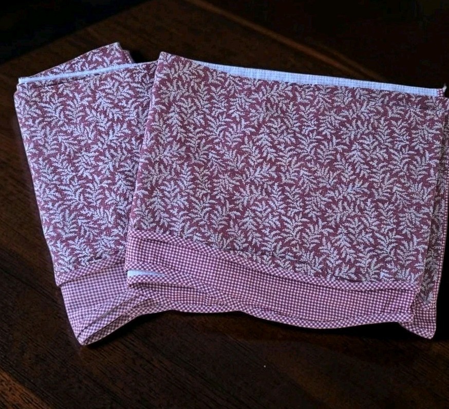 Waverly Red Fernwood Gingham Check Leaves Valance Set 2 Scalloped Edge 15.5×77