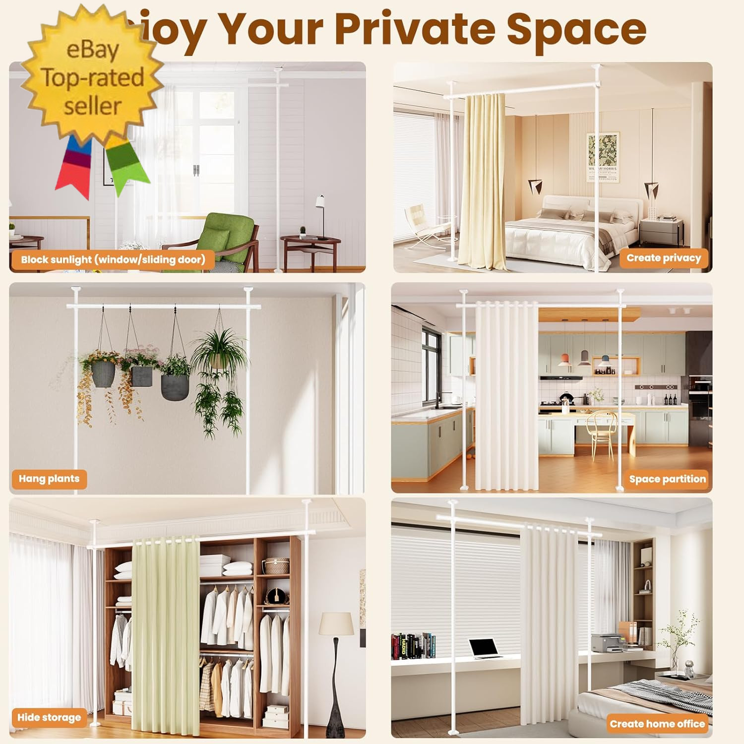 Room Divider Curtain Rod, No Drilling Room Separator for Space Partition, 4-10Ft