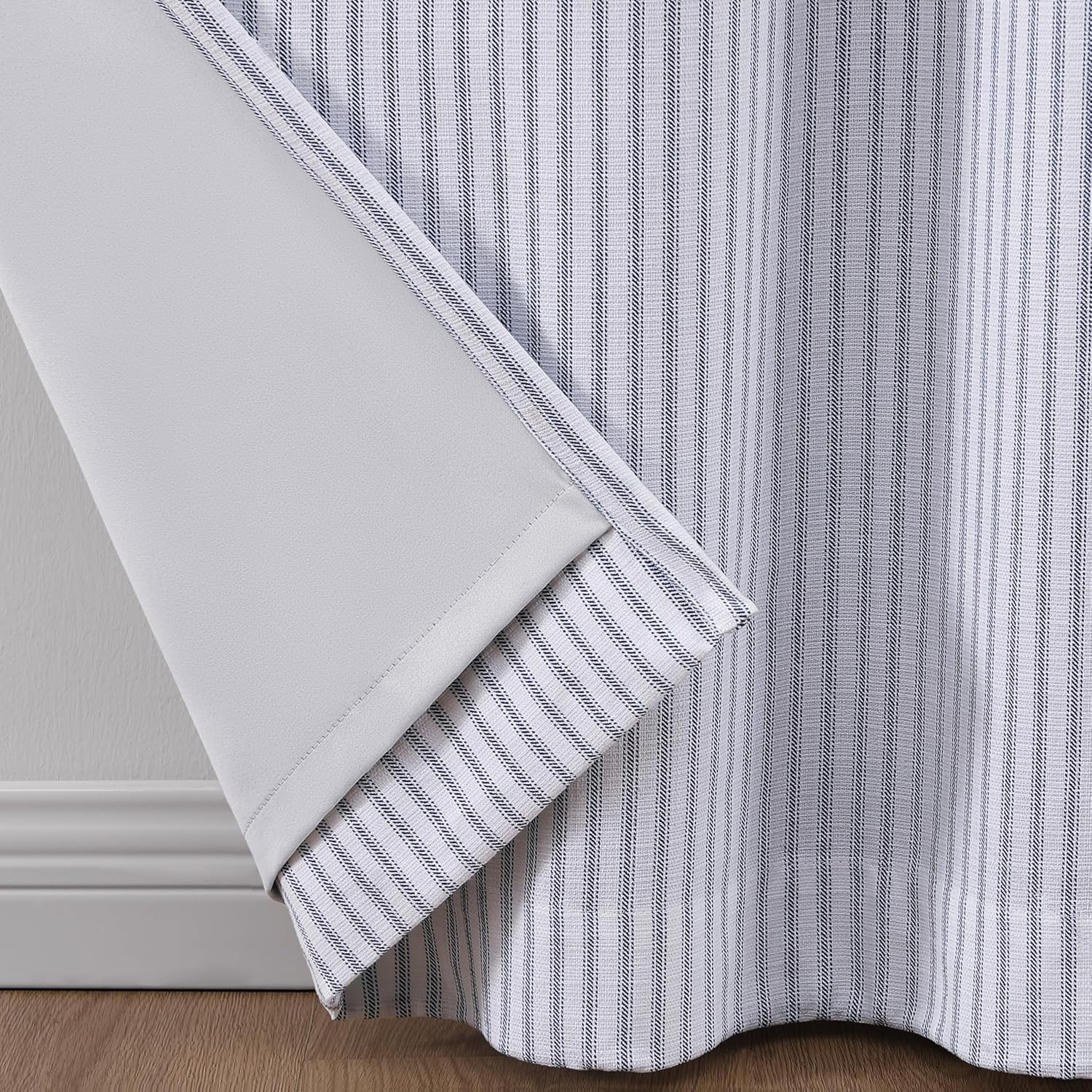 Indigo Ticking Stripe Blackout Curtain Panel Pair, 95″ White/Indigo