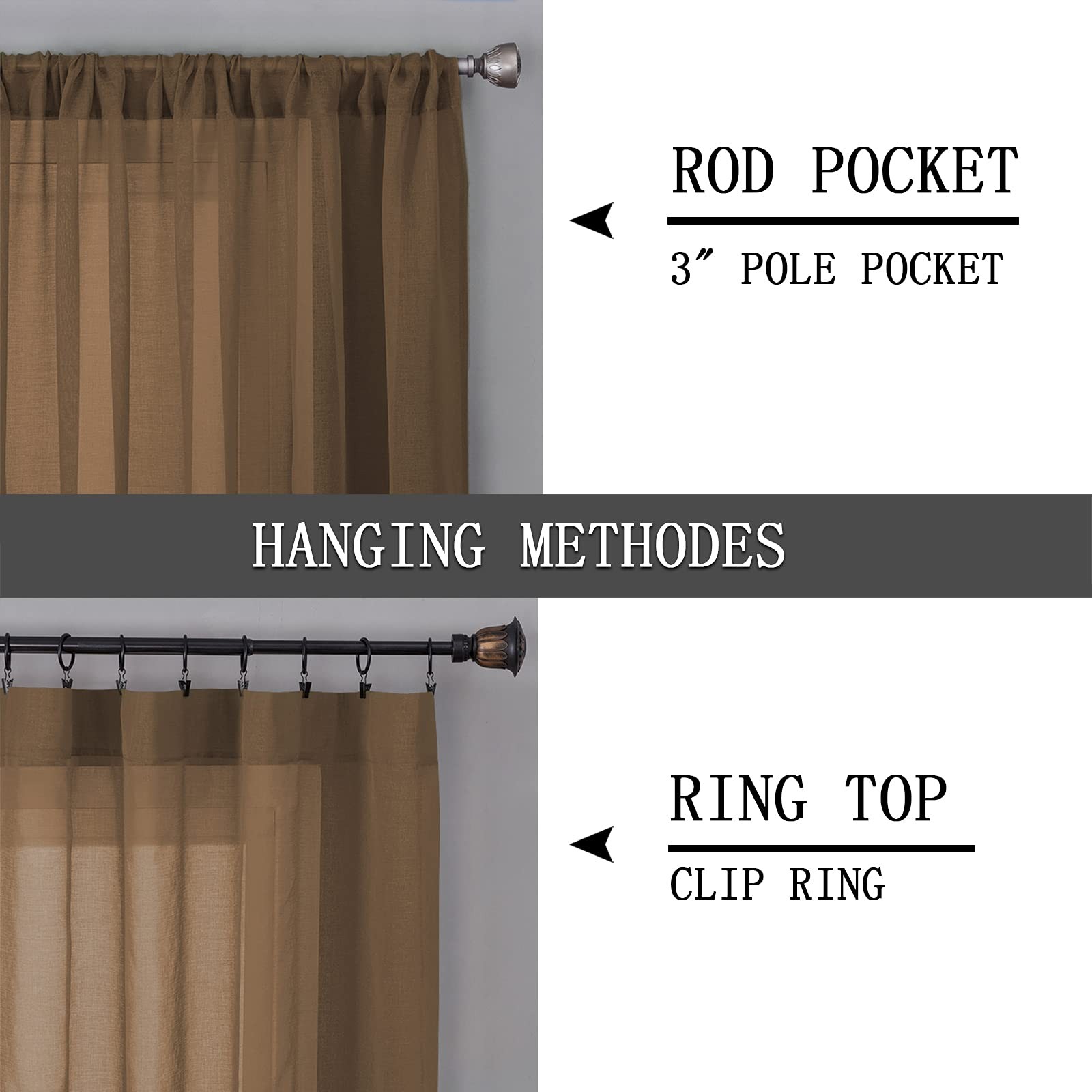 Tollpiz Short Sheer Curtains Linen Textured 54″W x 45″L (Pack of 2), Brown