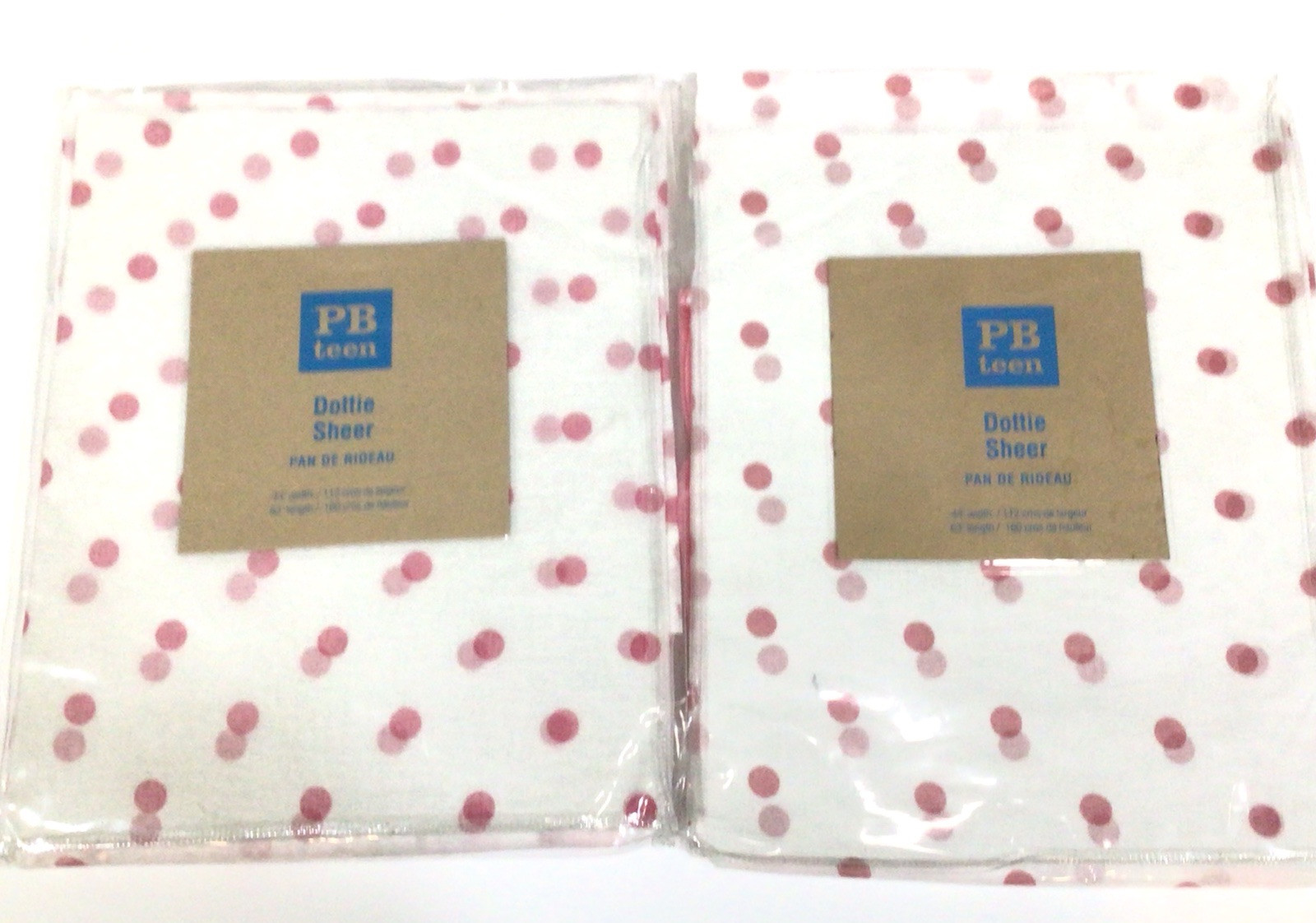 Set Of 2 Pottery Barn Teen DOTTIE SHEER Curtain Pink White Polka 44 x 63 Tie Top