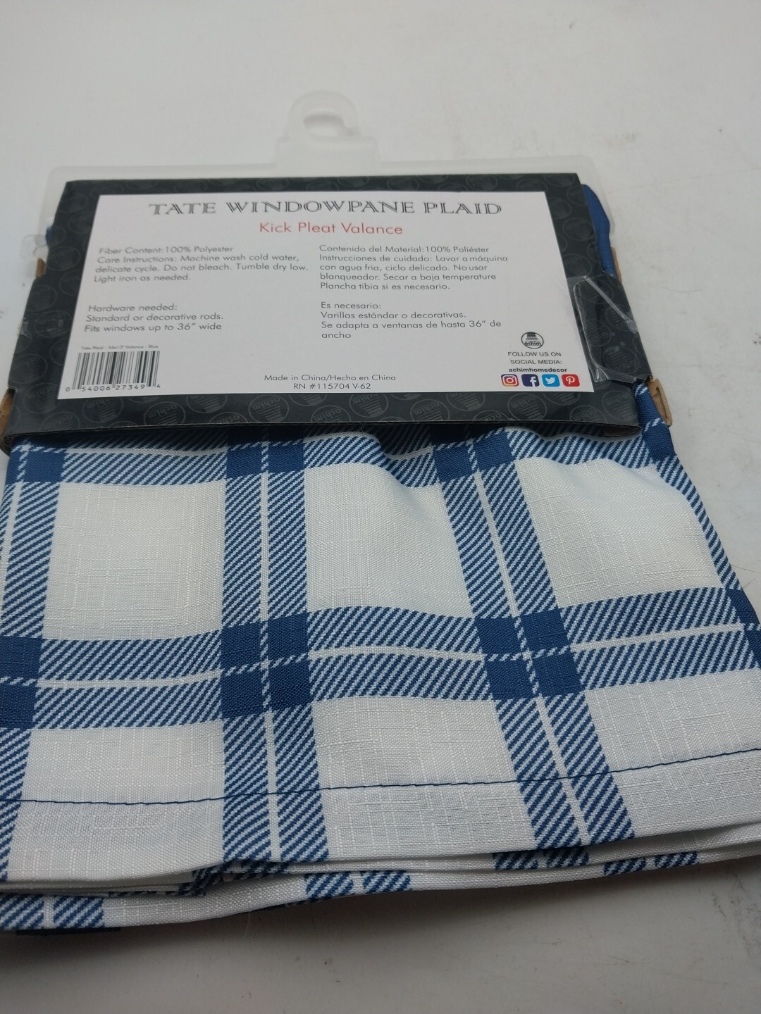 Achim Windowpane Plaid Kick Pleat Valance Curtain Blue 56in W x 13in L