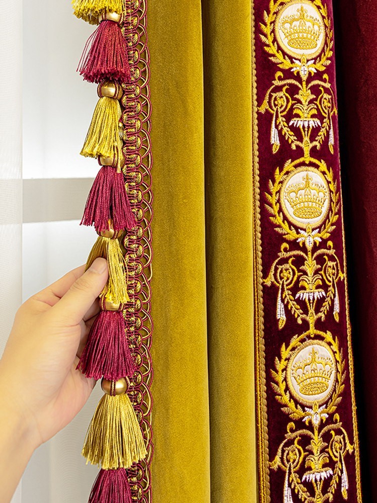 luxury costom Red gold window velvet cloth lace blackout curtain tulle M1845
