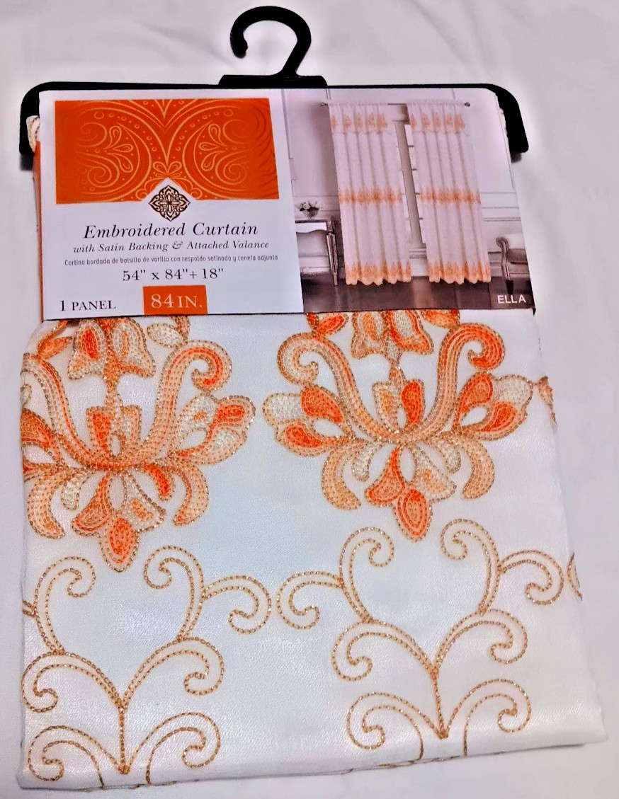 Embroidered Curtain with satin backing & attached valance one panel each orange
