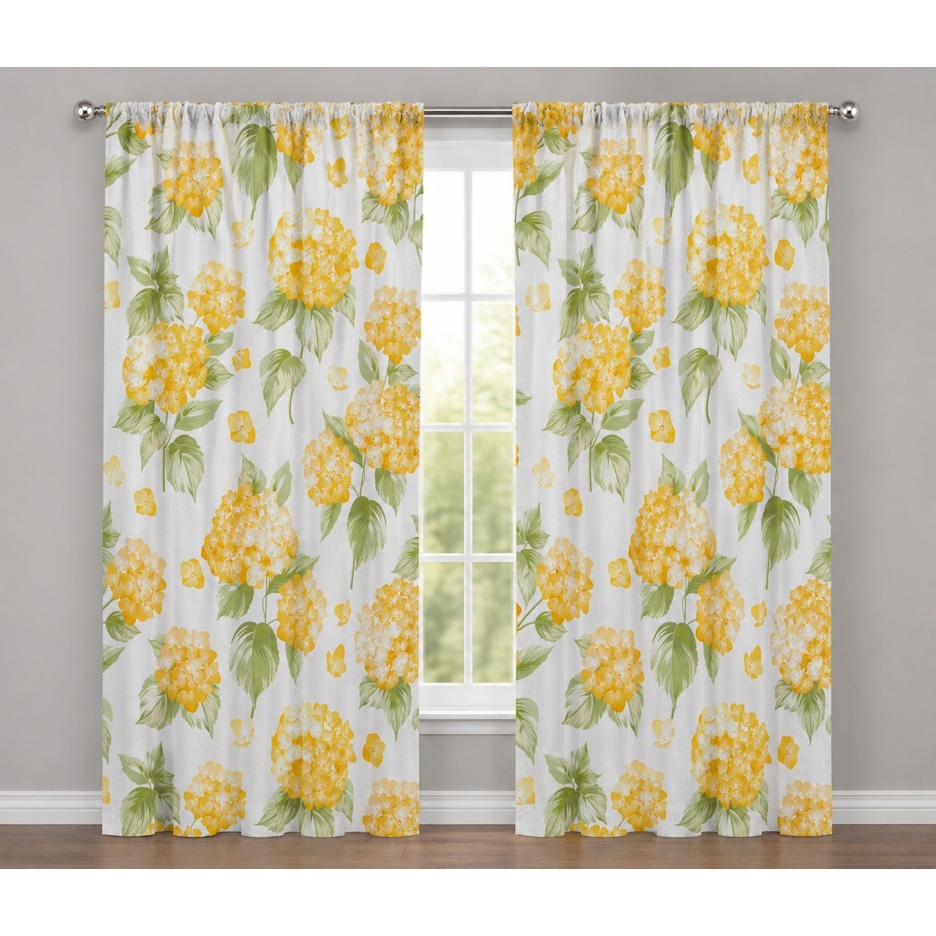 Ambesonne Yellow Hydrangea Floral Window Curtains 2 Panel Set 56×95 Microfiber