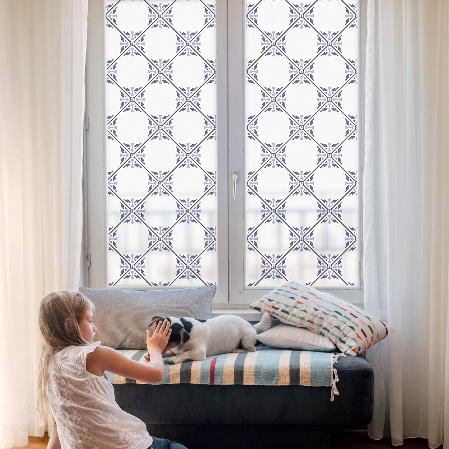 Decorative Privacy Window Film for Home and Office Geometric Tiles Art