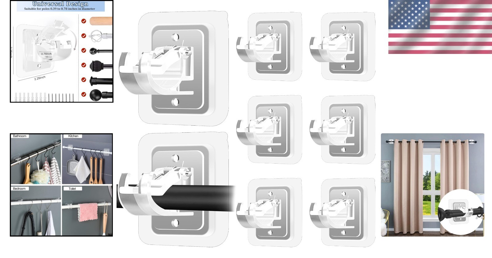Self Adhesive Curtain Rod Brackets 8 Pack for Bathroom Kitchen Living Room Decor
