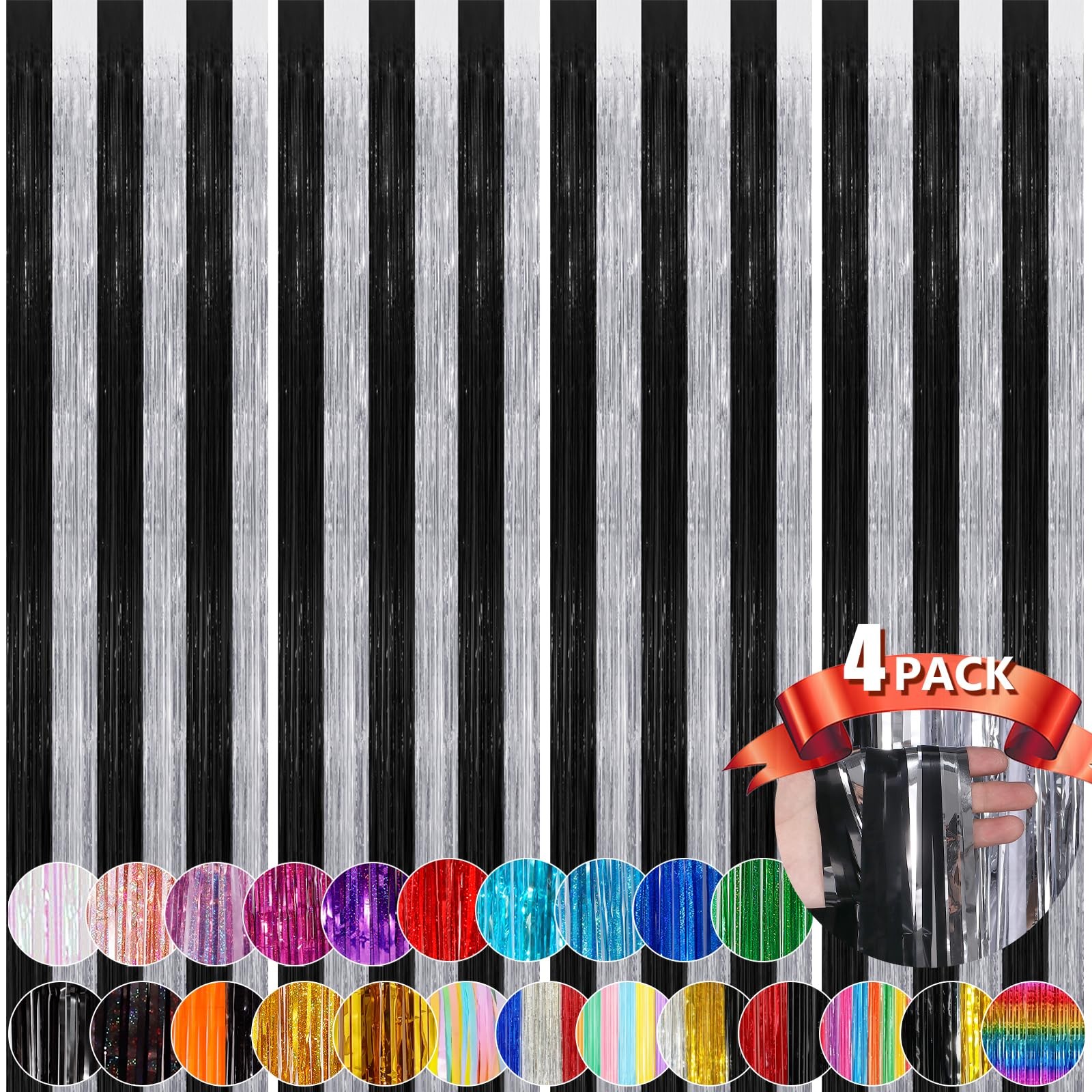 4 PCS Black Silver Metallic Tinsel Foil Fringe Curtains 3.3×8.3 FT Party Drop